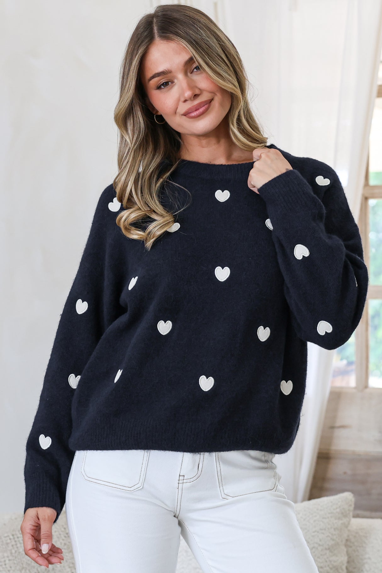 Hartley Jumper - Crew Neck Embroidered Heart Motif Knit in Navy