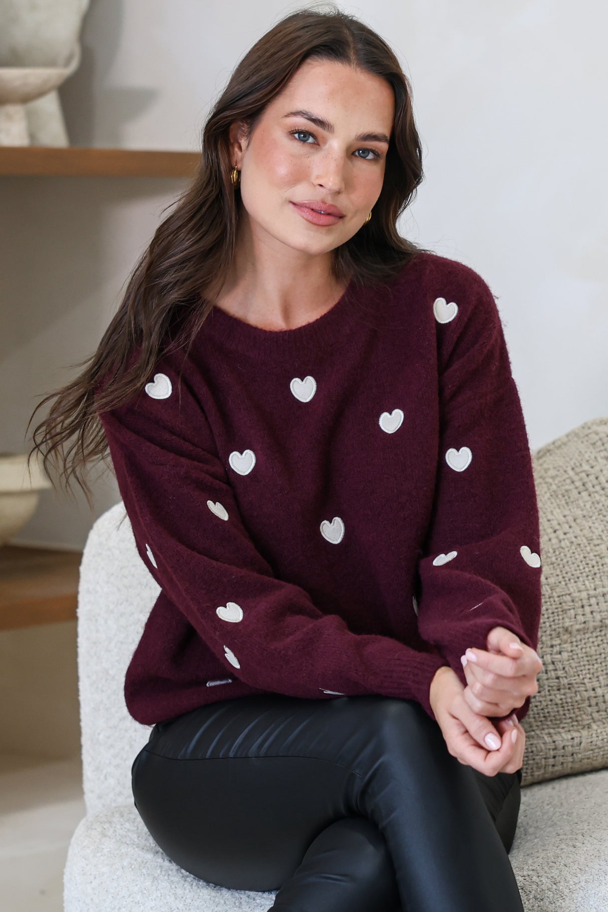 Hartley Jumper - Crew Neck Embroidered Heart Motif Knit in Wine