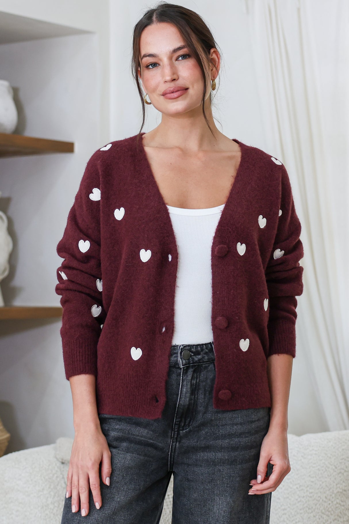 Hartley Cardigan - V Neck Button Front Heart Embroidered Knit with Matching Fabric Buttons in Wine