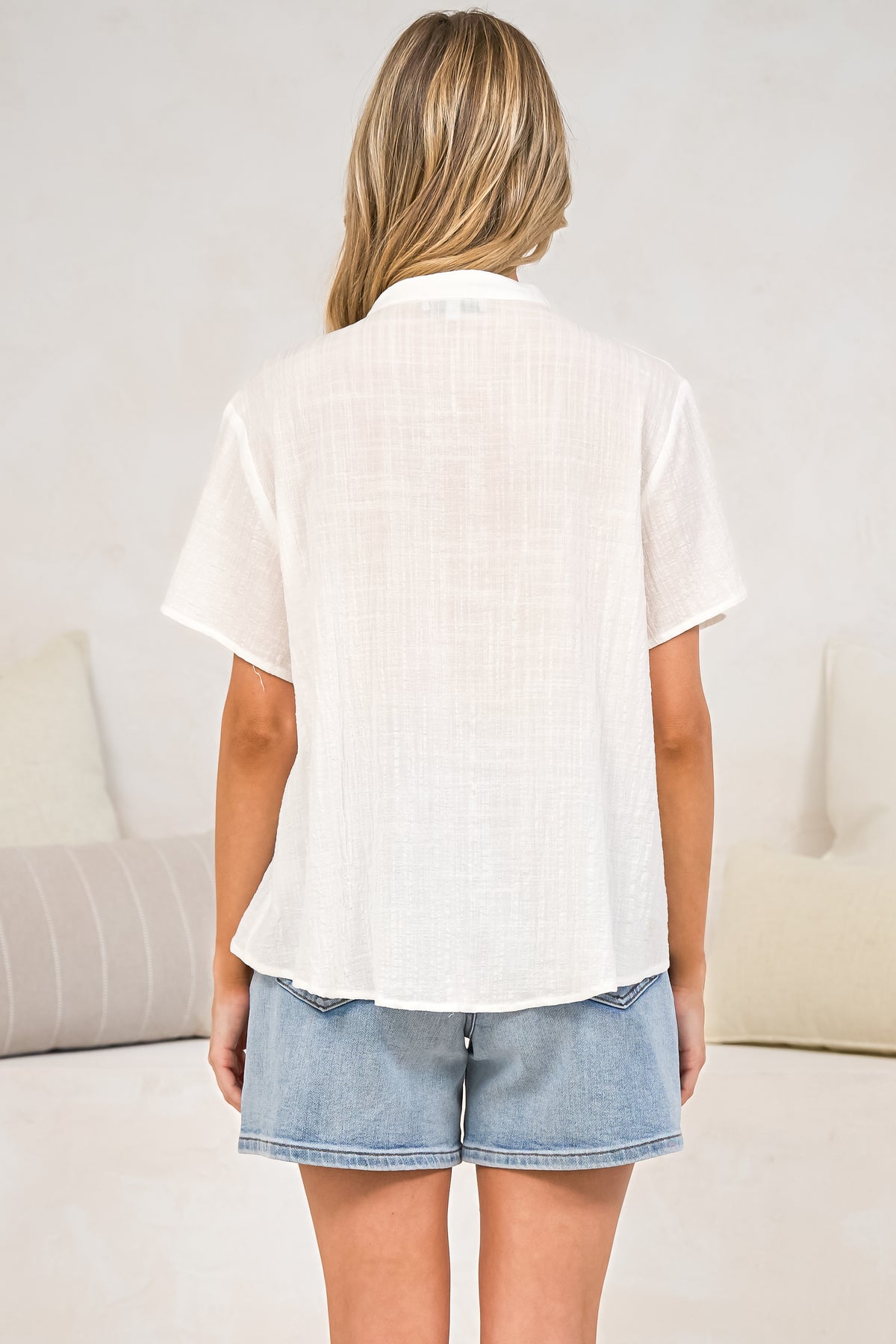 Havana Blouse - Pintuck Button Down Top with Flutter Sleeves and Neck Tie in White