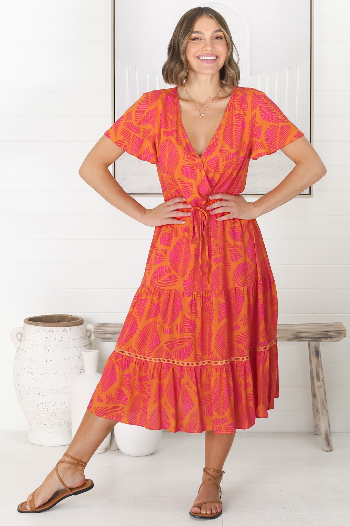Havanah Midi Dress - Cross Bodice A Line Dress with Crochet Spilicing in Orange