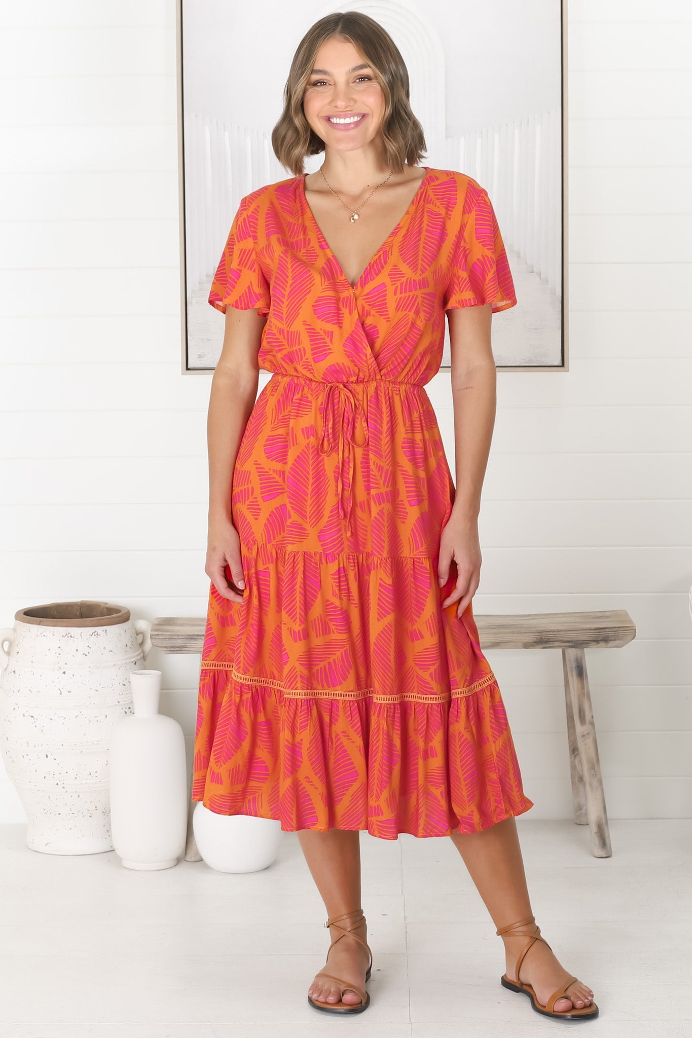 Havanah Midi Dress - Cross Bodice A Line Dress with Crochet Spilicing in Orange