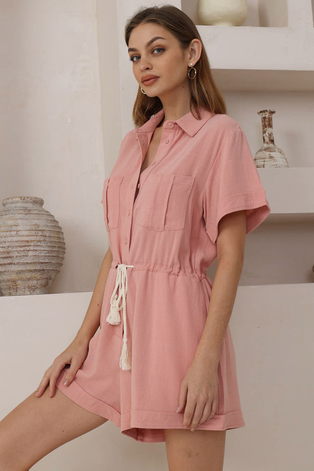 Hawken Playsuit - Collared Linen Blend Short Sleeve Playsuit in Pink