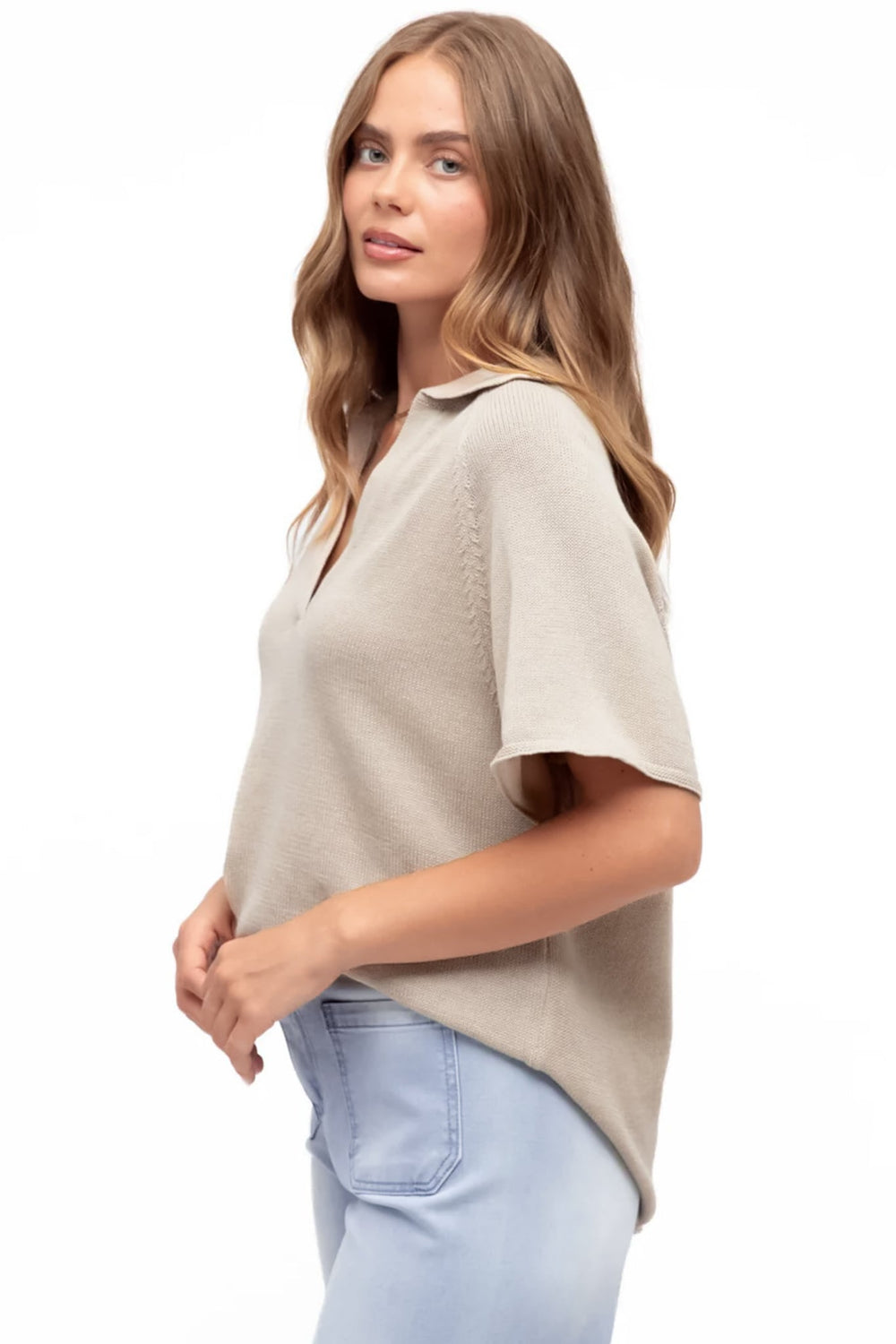 Hayes Knit Top - Relaxed Collared V Neck Knit Top in Oat
