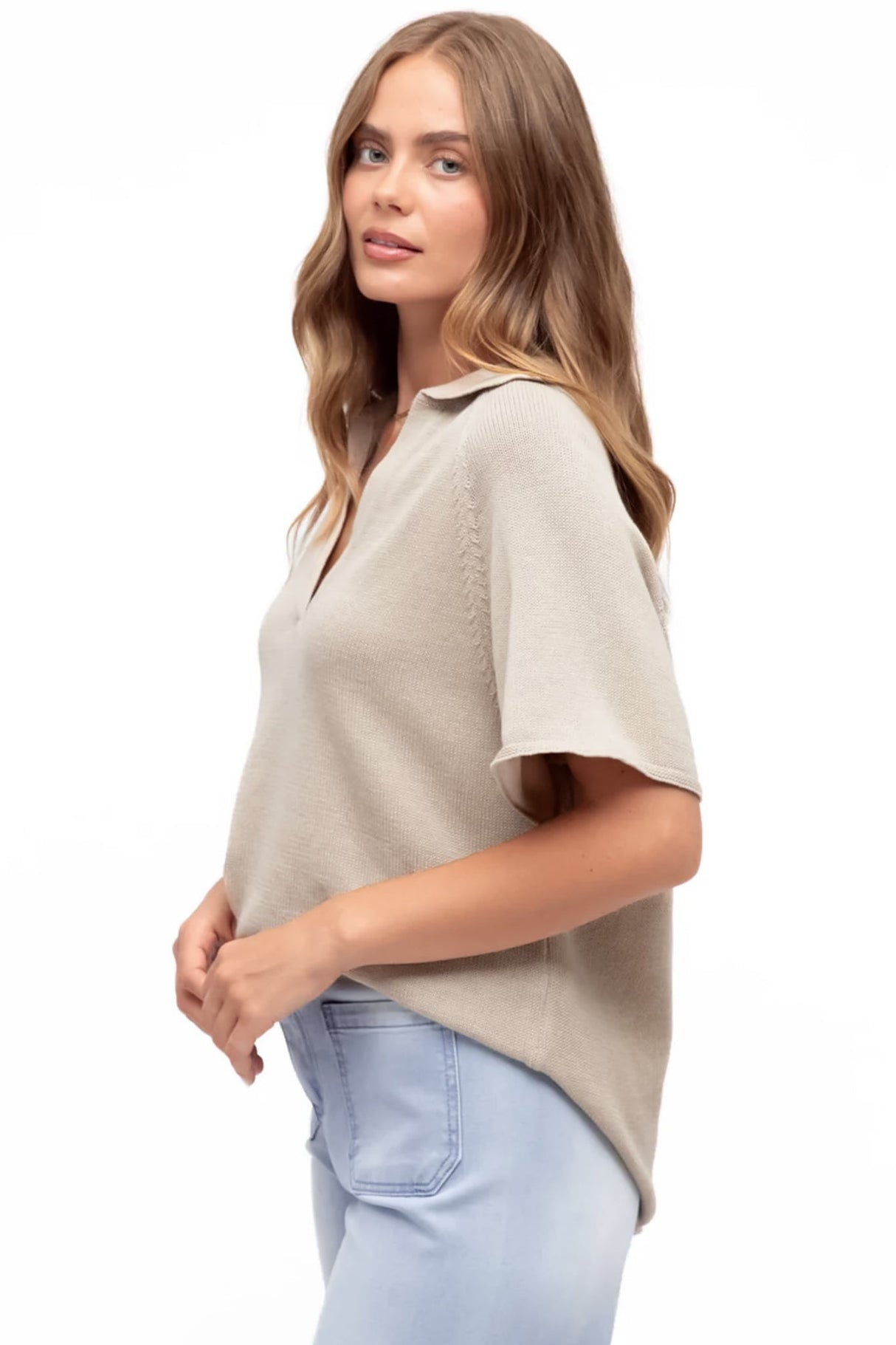 Hayes Knit Top - Relaxed Collared V Neck Knit Top in Oat