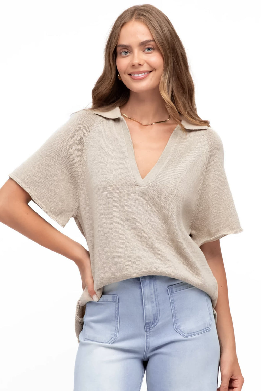 Hayes Knit Top - Relaxed Collared V Neck Knit Top in Oat