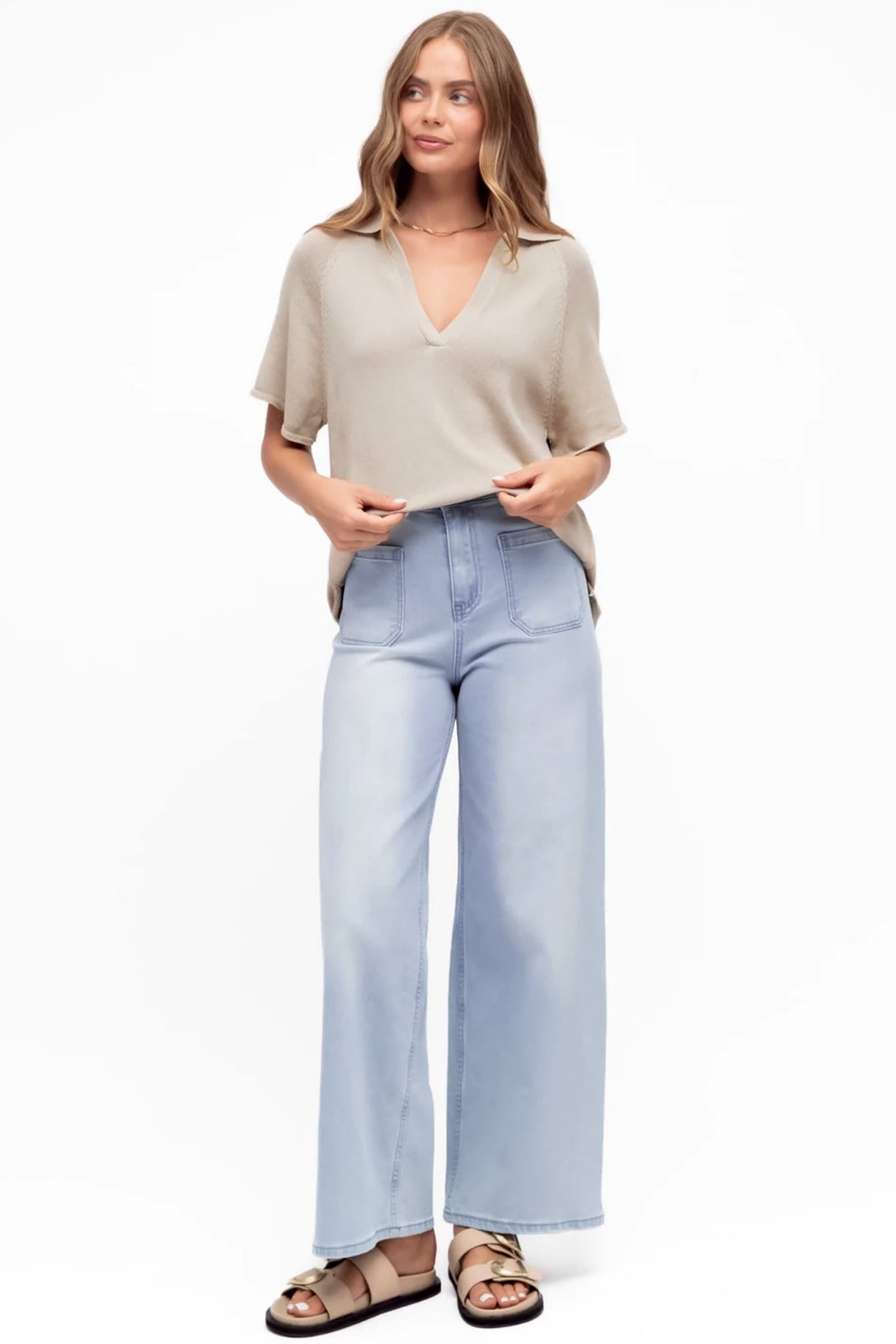Hayes Knit Top - Relaxed Collared V Neck Knit Top in Oat