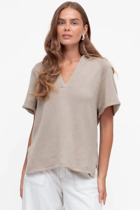 Hayes Knit Top - Relaxed Collared V Neck Knit Top in Oat