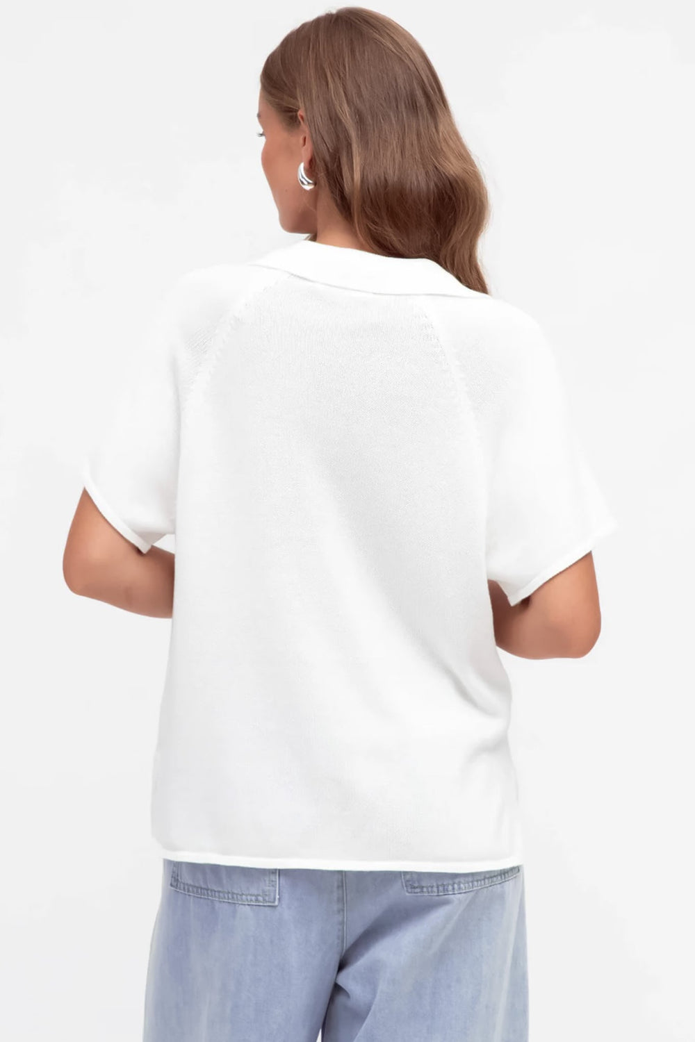 Hayes Knit Top - Relaxed Collared V Neck Knit Top in White