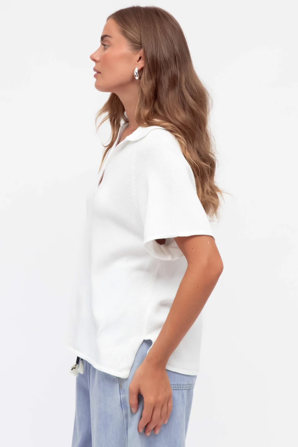 Hayes Knit Top - Relaxed Collared V Neck Knit Top in White