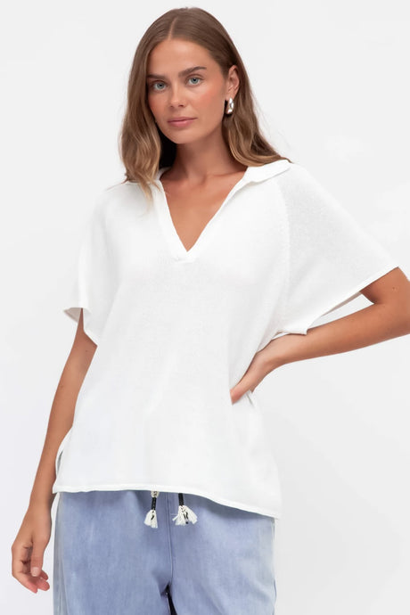 Hayes Knit Top - Relaxed Collared V Neck Knit Top in White