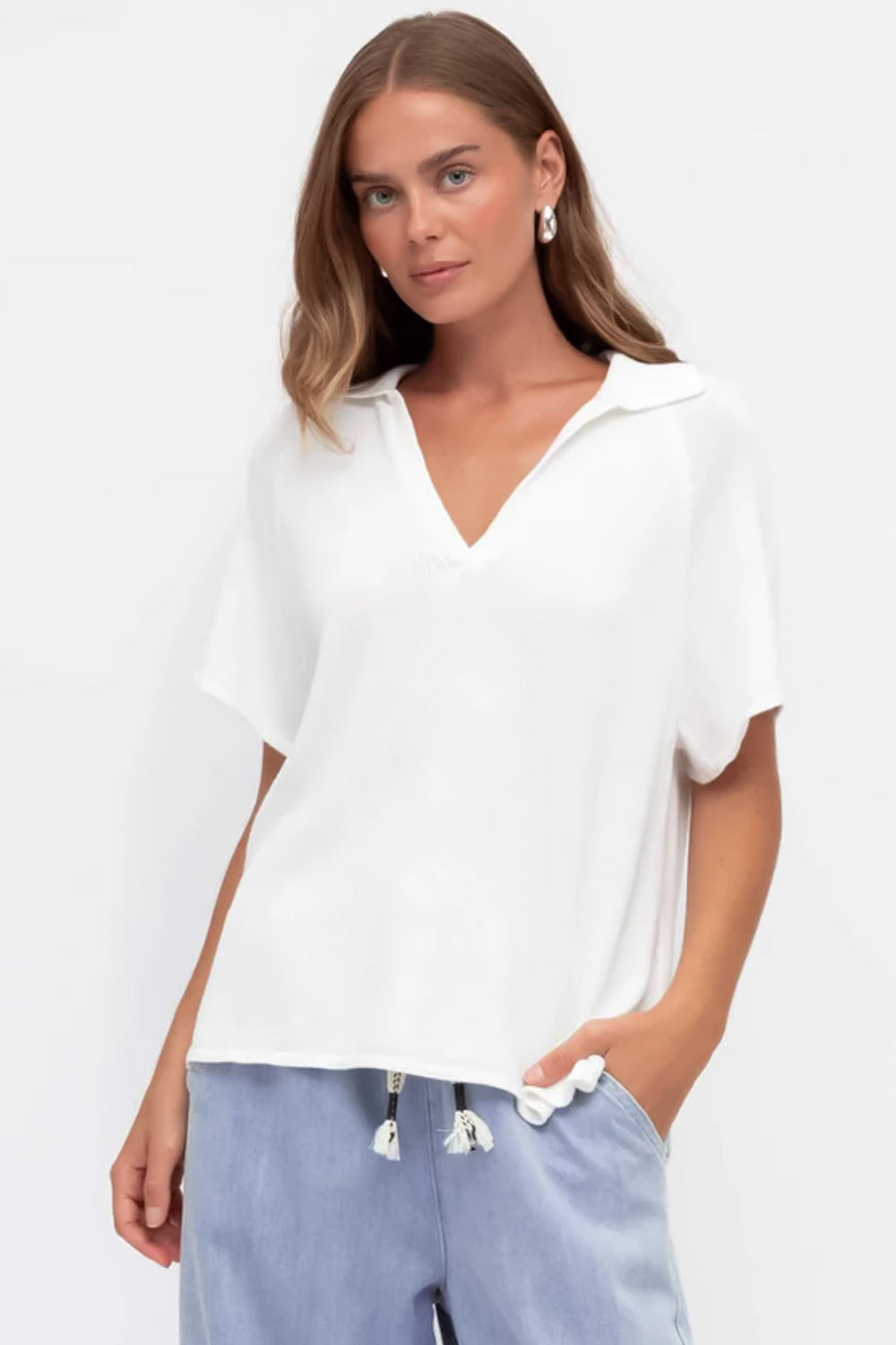 Hayes Knit Top - Relaxed Collared V Neck Knit Top in White