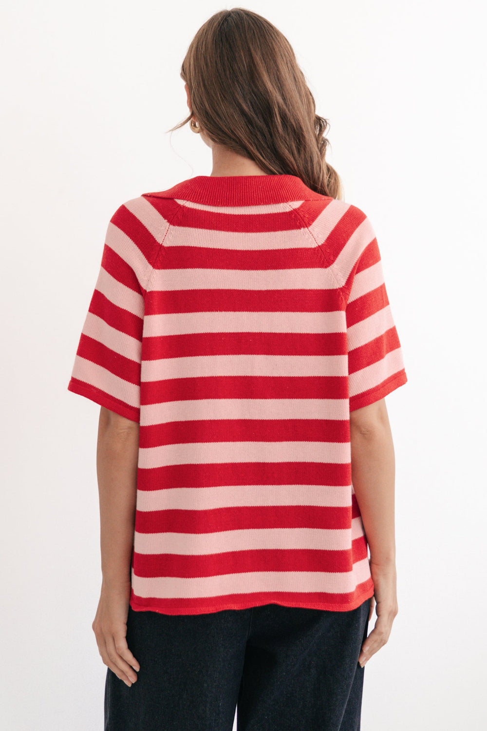 Hayes Stripe Knit Top - Relaxed Collared V Neck Knit Top in Pink/Red