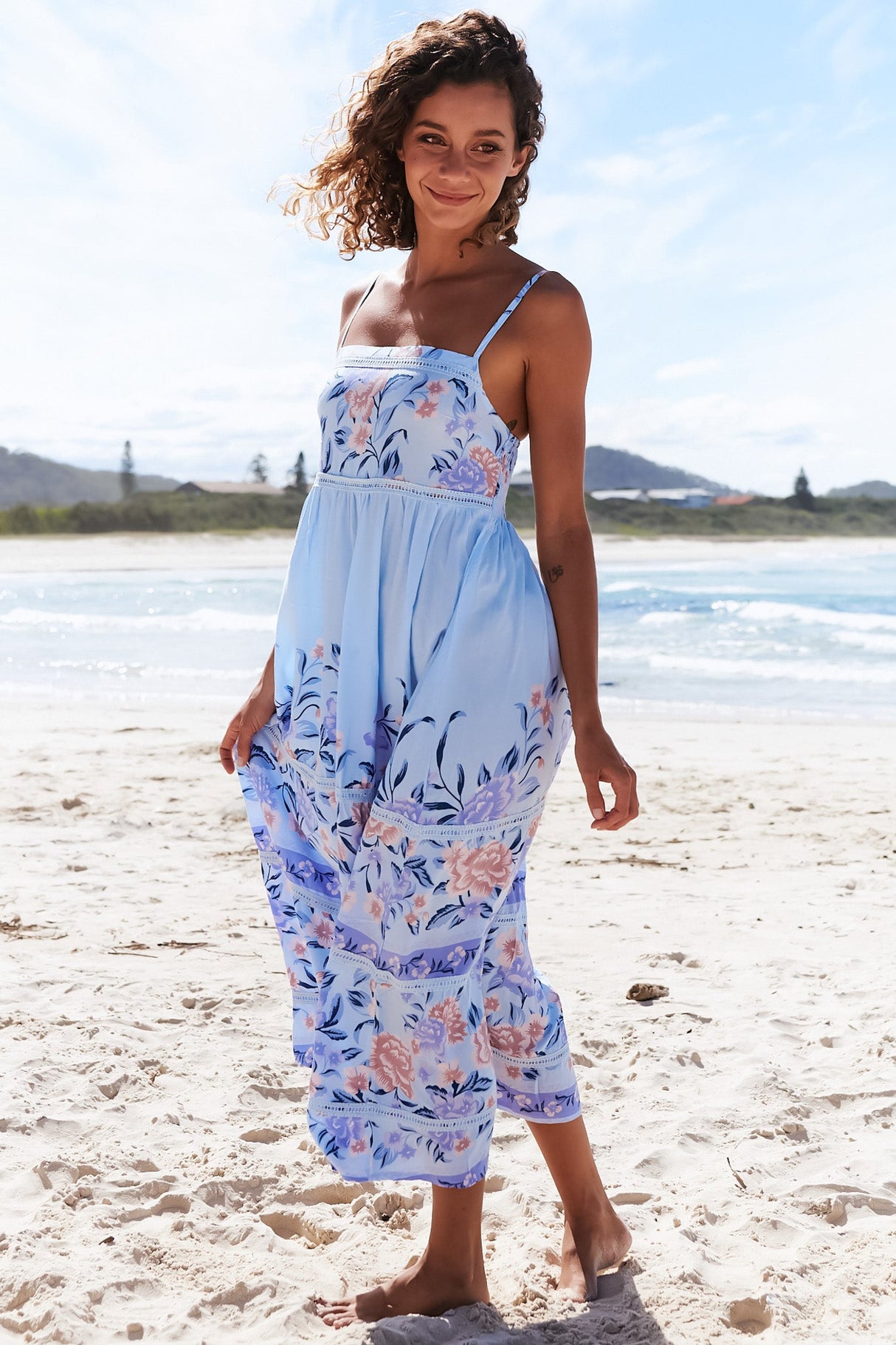 Heidi Midi Dress - Tiered Sun Dress with Crochet Splicing in Heaven Print
