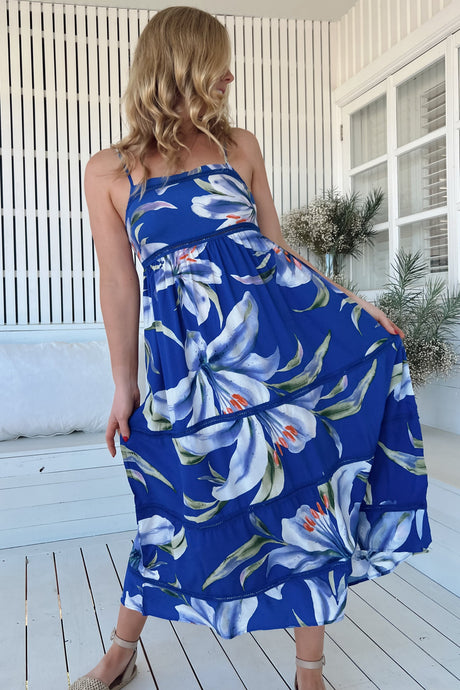 JAASE - Heidi Midi Dress: Tiered Sun Dress with Crochet Splicing in Asteria Print