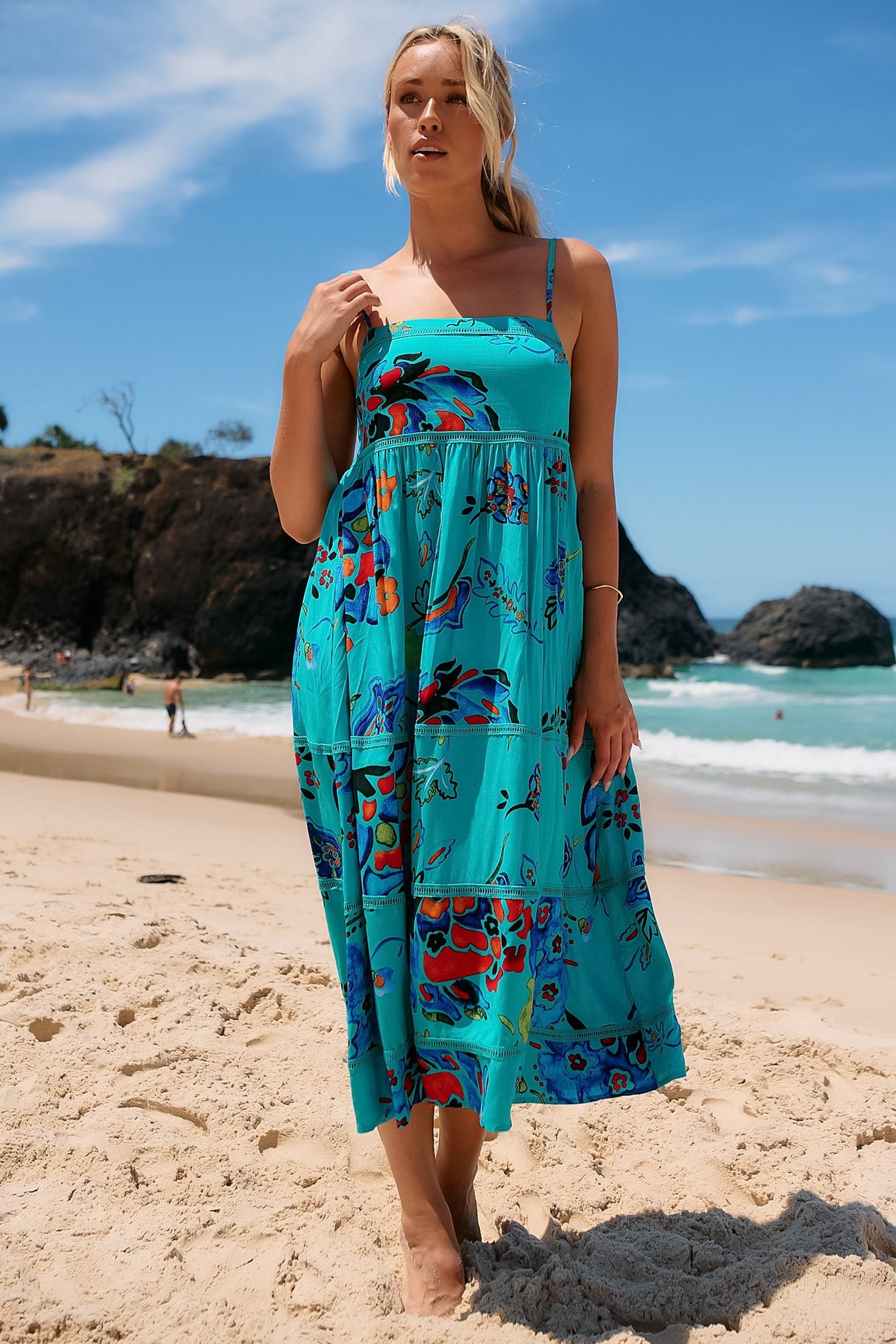 JAASE - Heidi Midi Dress: Tiered Sun Dress with Crochet Splicing in Isla Mare Print
