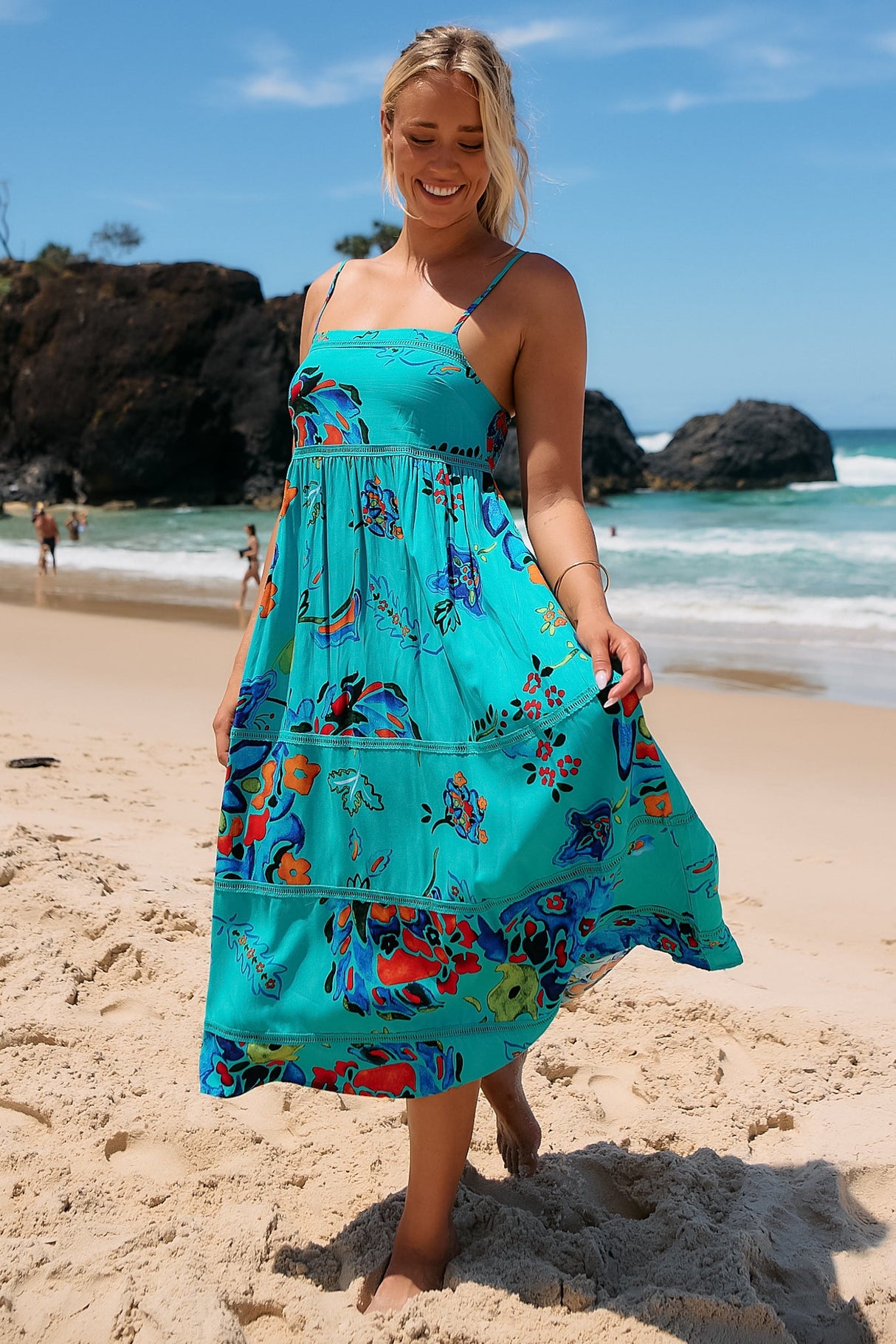 JAASE - Heidi Midi Dress: Tiered Sun Dress with Crochet Splicing in Isla Mare Print