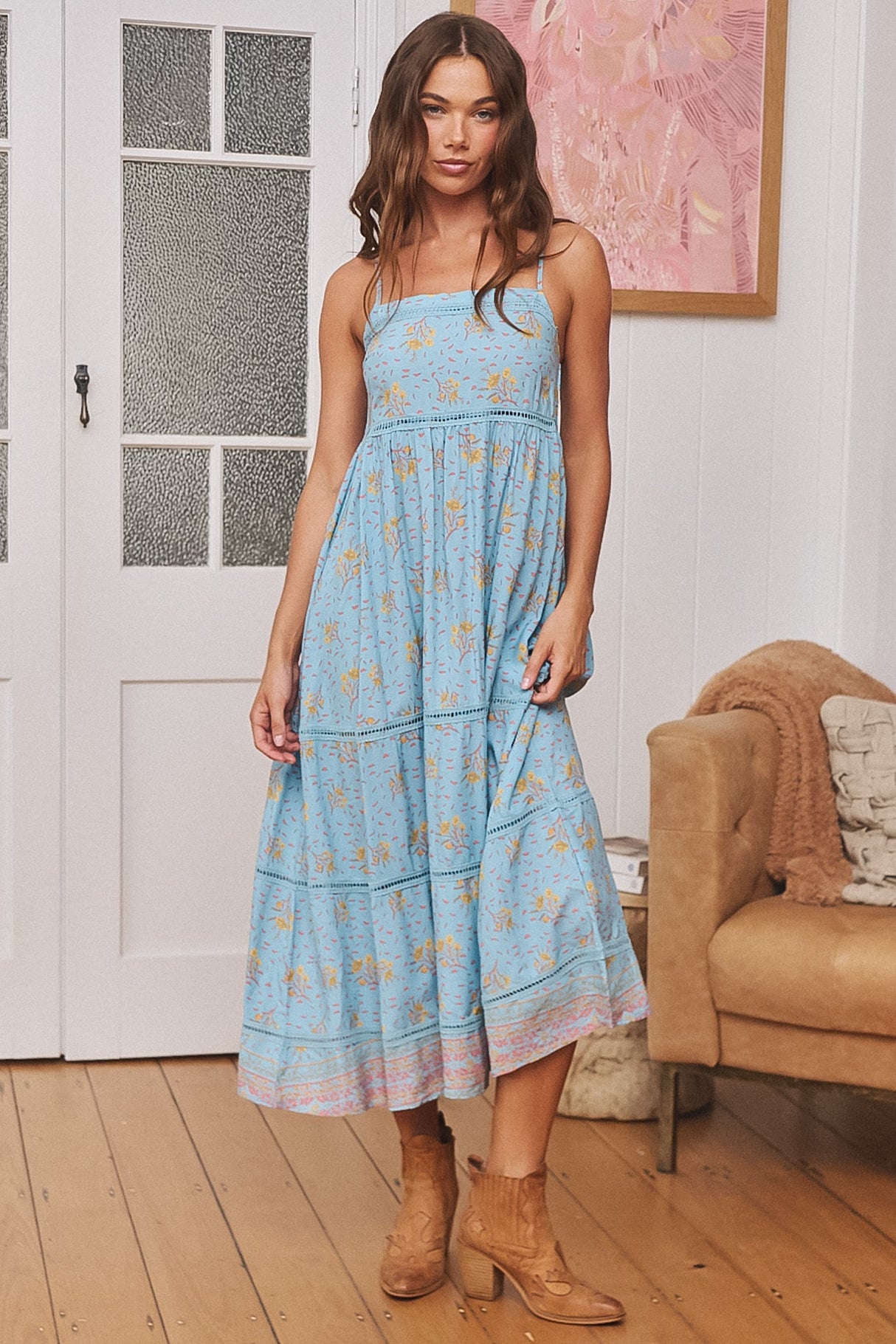 JAASE - Heidi Midi Dress: Tiered Sun Dress with Crochet Splicing in Laguna Fleur Print