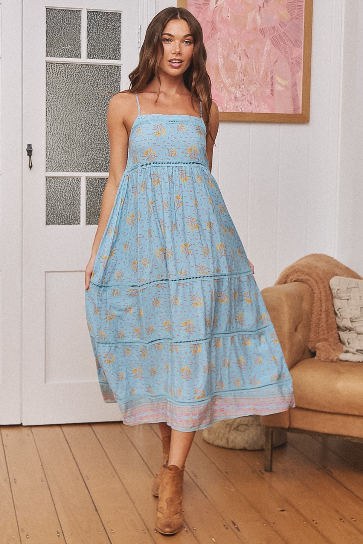 JAASE - Heidi Midi Dress: Tiered Sun Dress with Crochet Splicing in Laguna Fleur Print