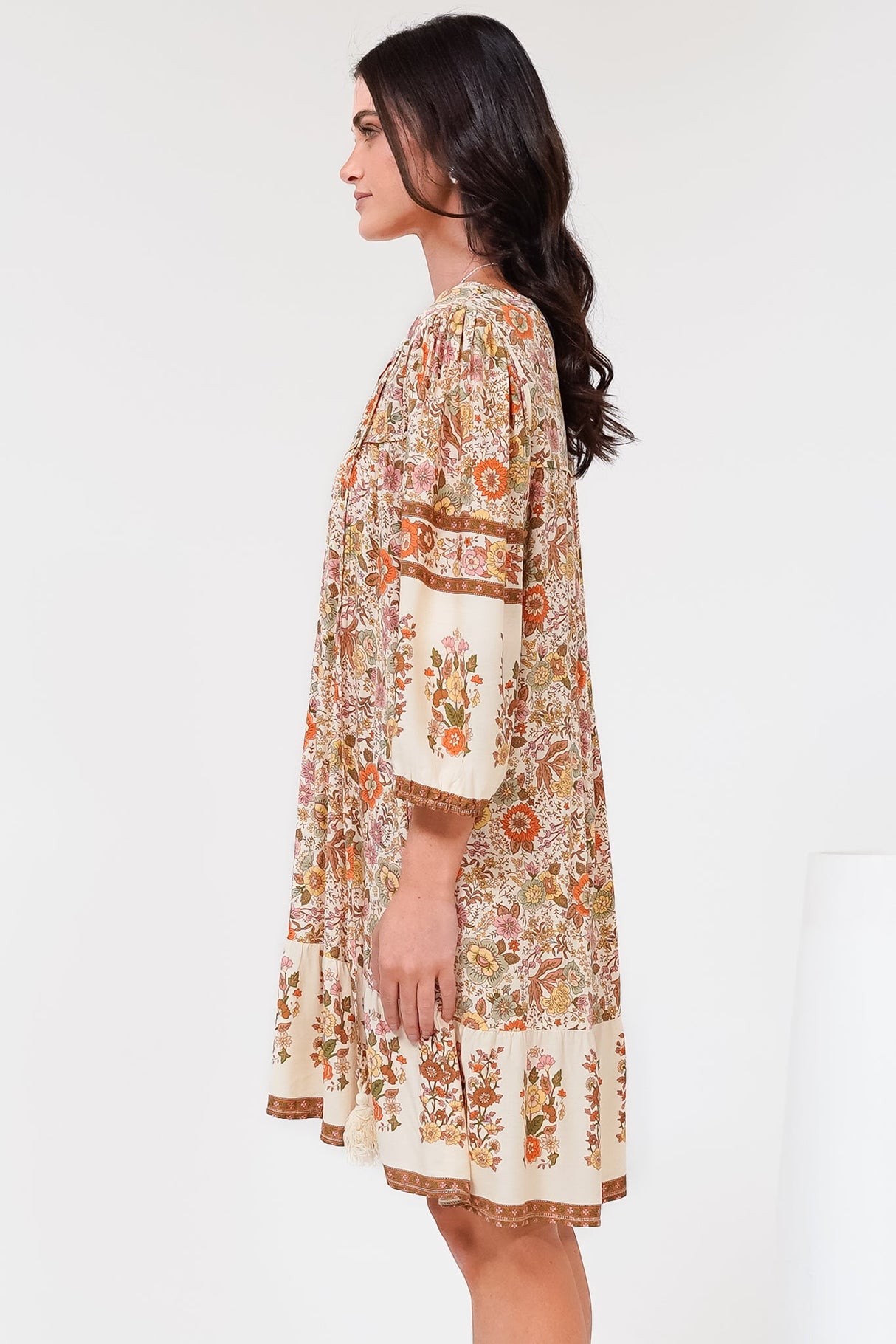 Helda Mini Dress - V-Neck Shift Dress with Balloon Sleeves in Aletta Print Brown