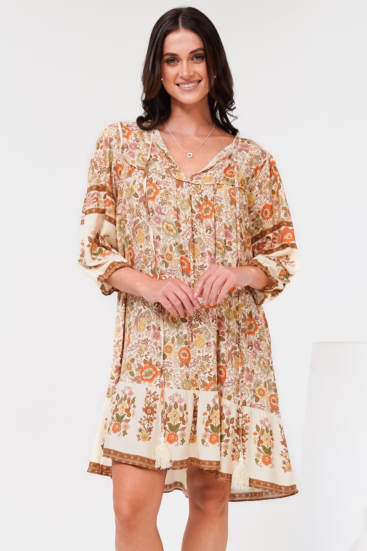 Helda Mini Dress - V-Neck Shift Dress with Balloon Sleeves in Aletta Print Brown