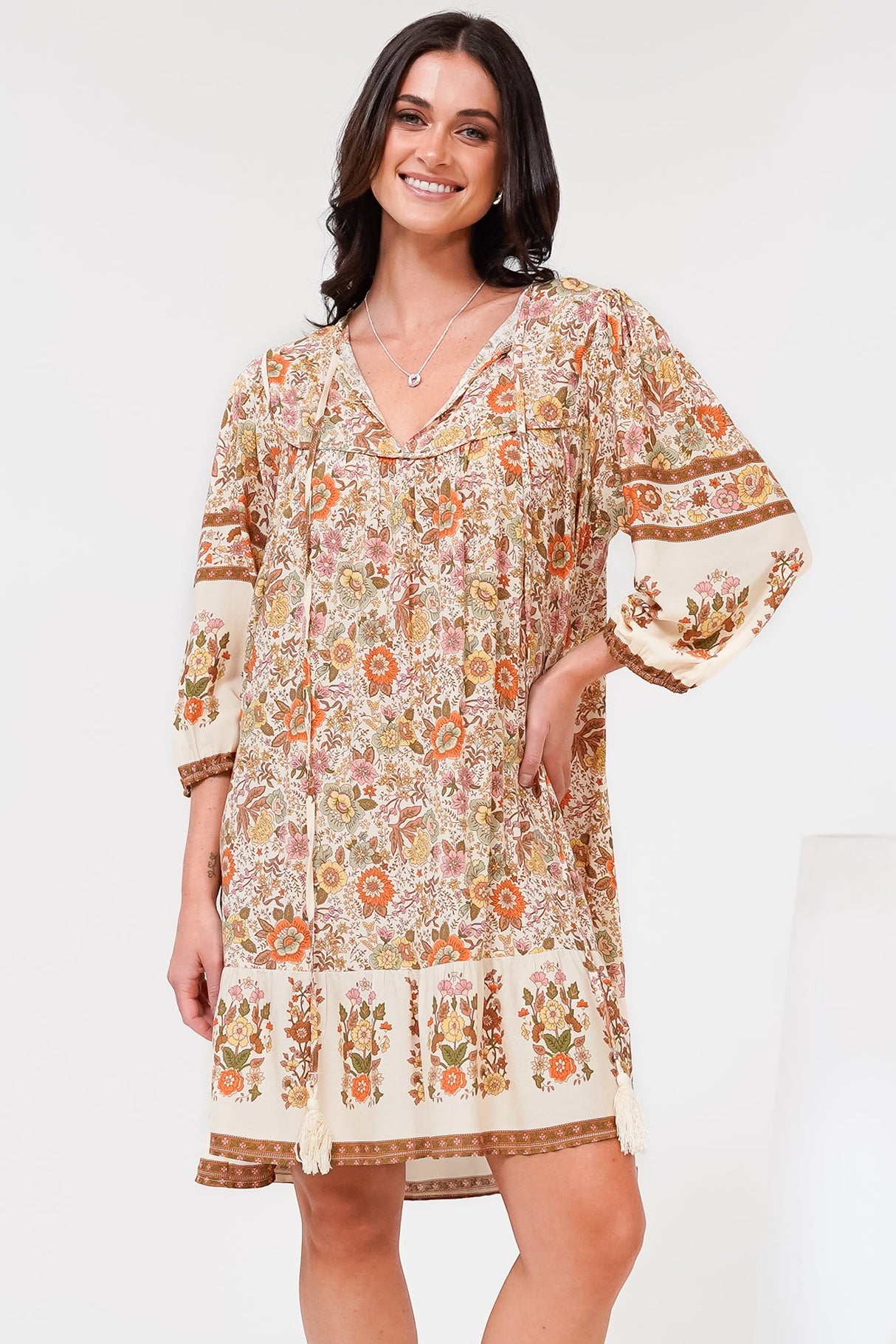 Helda Mini Dress - V-Neck Shift Dress with Balloon Sleeves in Aletta Print Brown