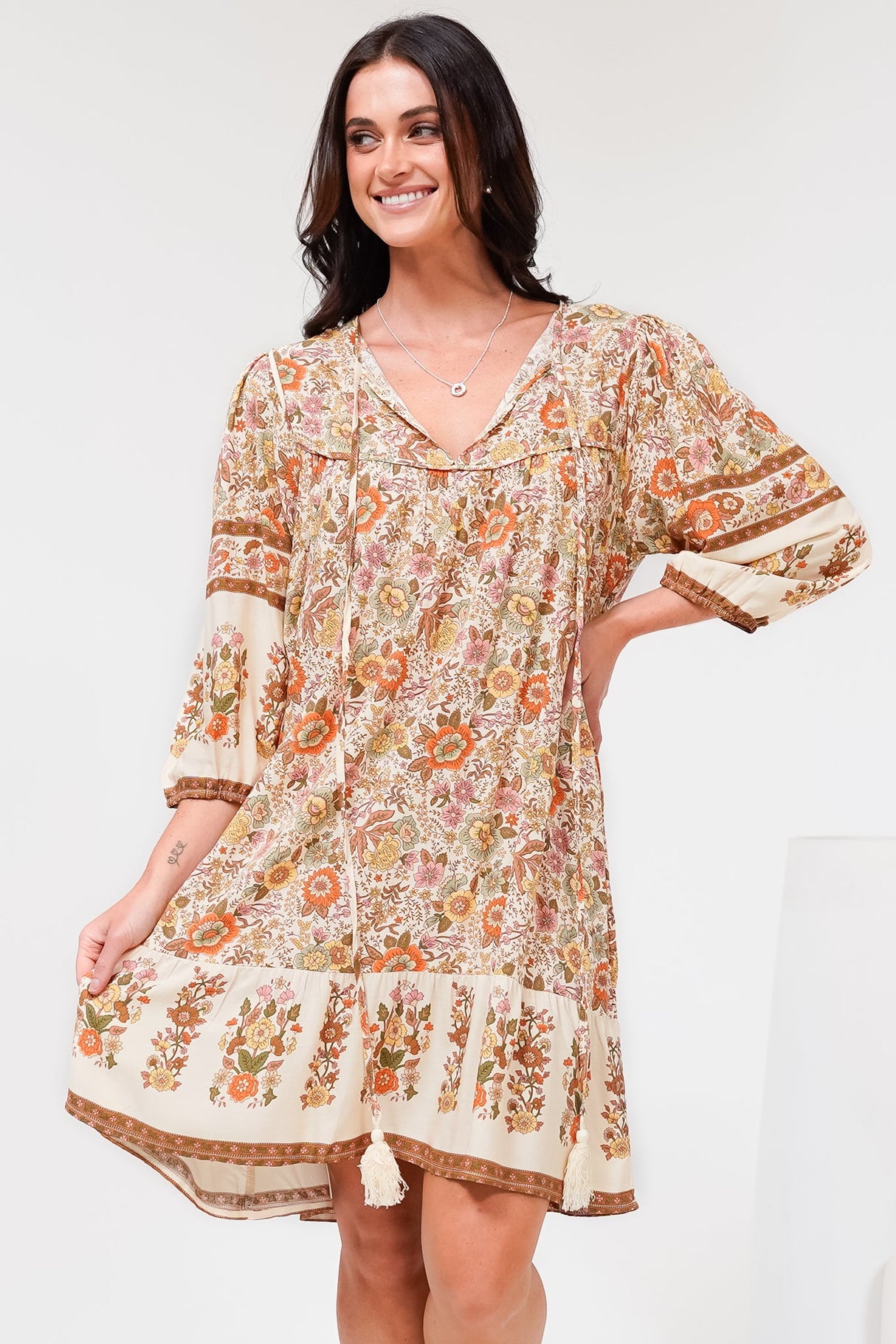 Helda Mini Dress - V-Neck Shift Dress with Balloon Sleeves in Aletta Print Brown