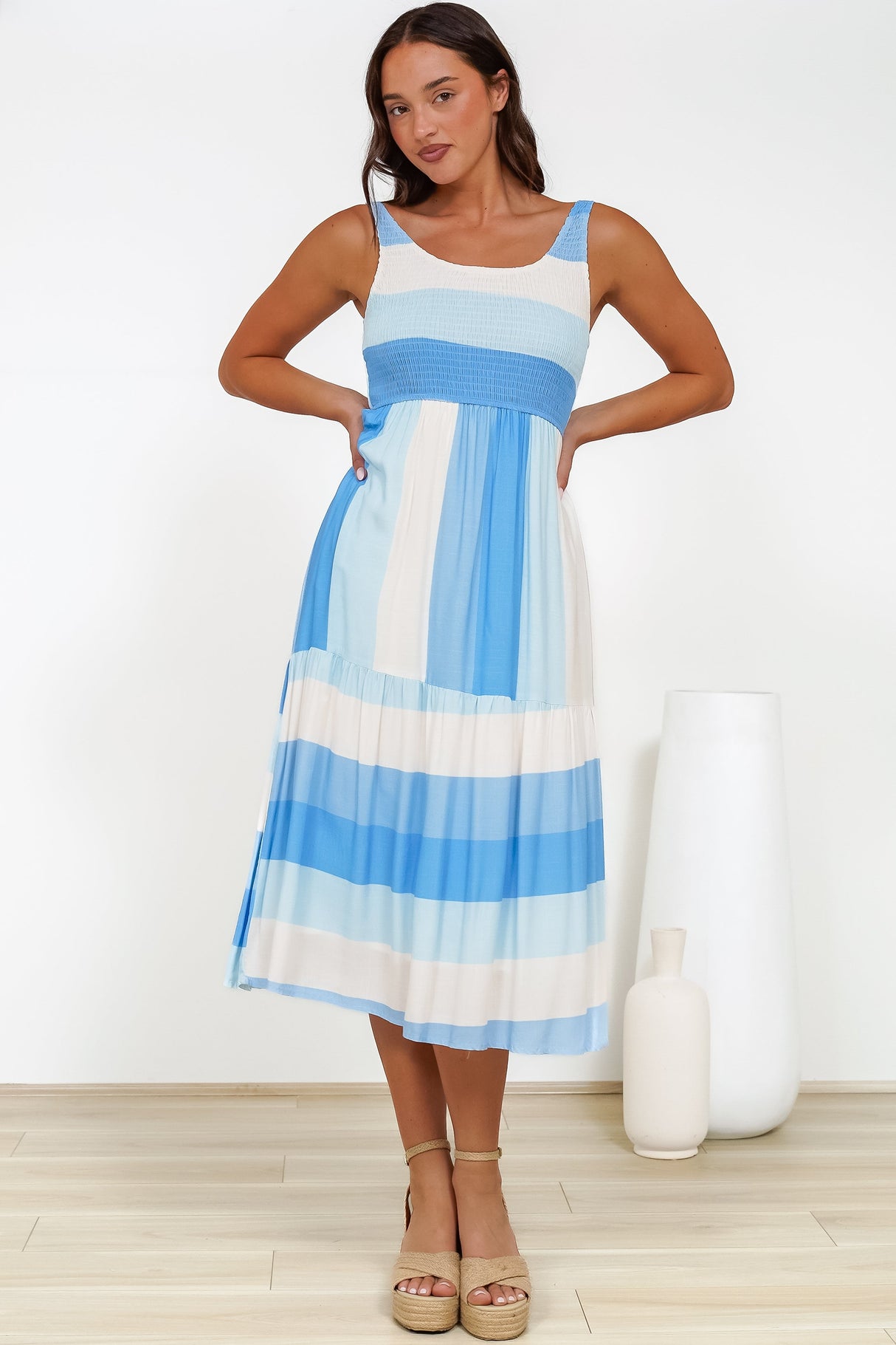 Helio Midi Dress - Elasticated Bodice Tiered Sun Dress in Abella Stripe Print Blue