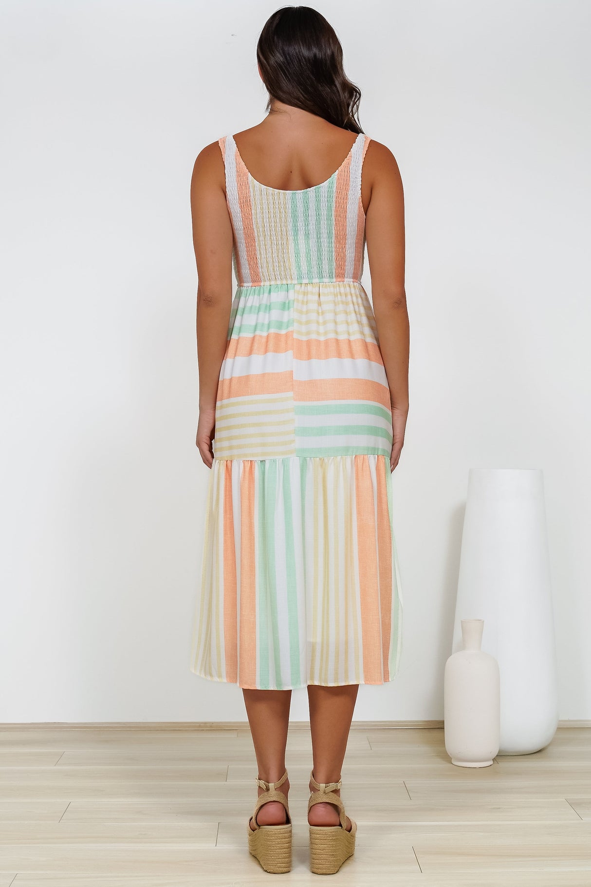 Helio Midi Dress - Elasticated Bodice Tiered Sun Dress in Callipso Stripe Print