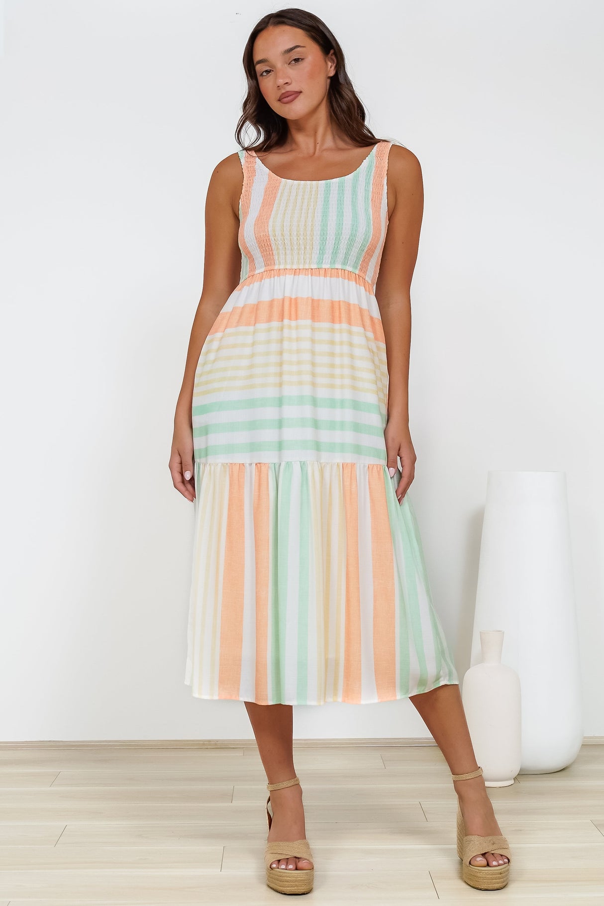 Helio Midi Dress - Elasticated Bodice Tiered Sun Dress in Callipso Stripe Print