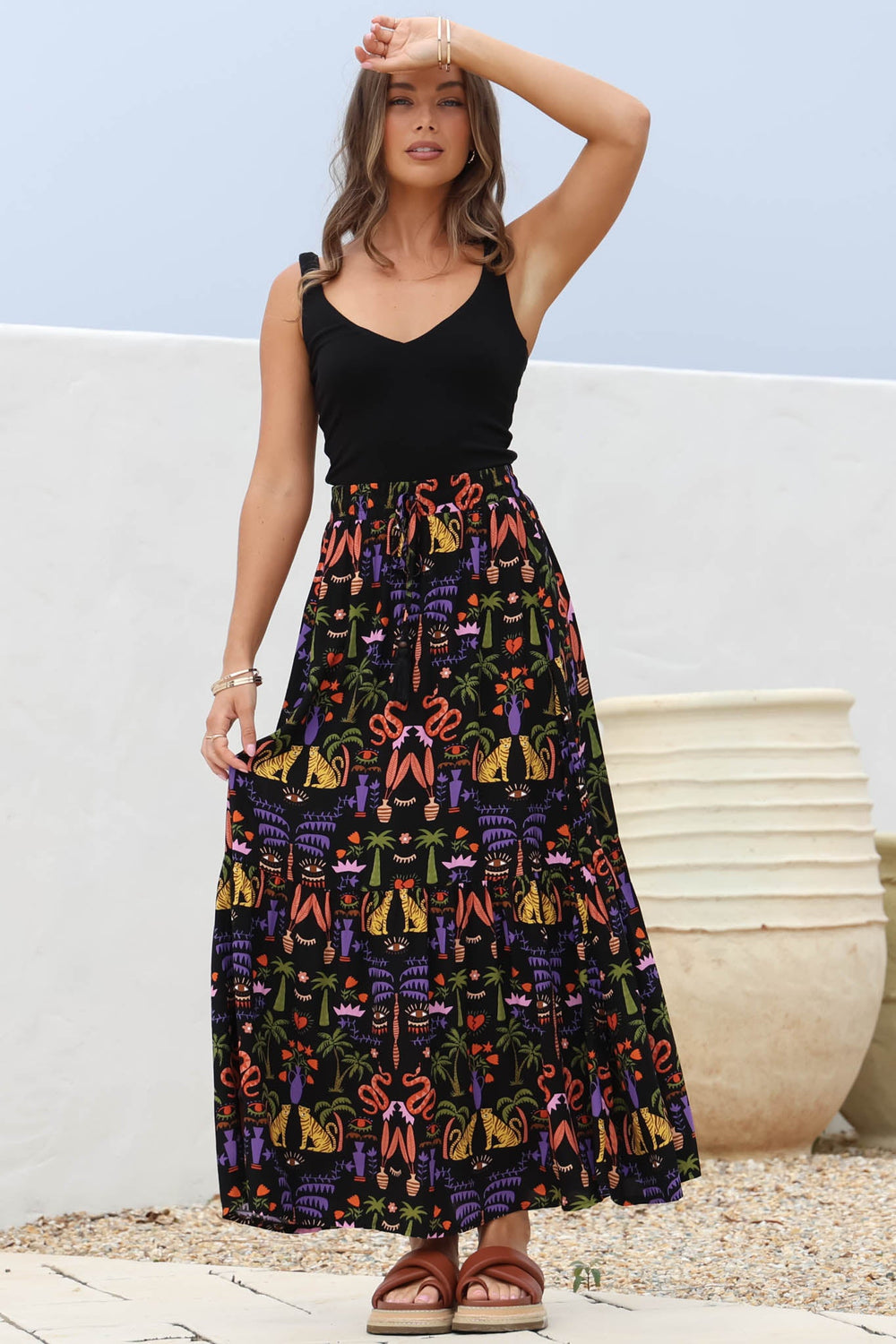 Hellen Maxi Skirt - High Waisted Skirt with Front Splits in Ayla Print Black