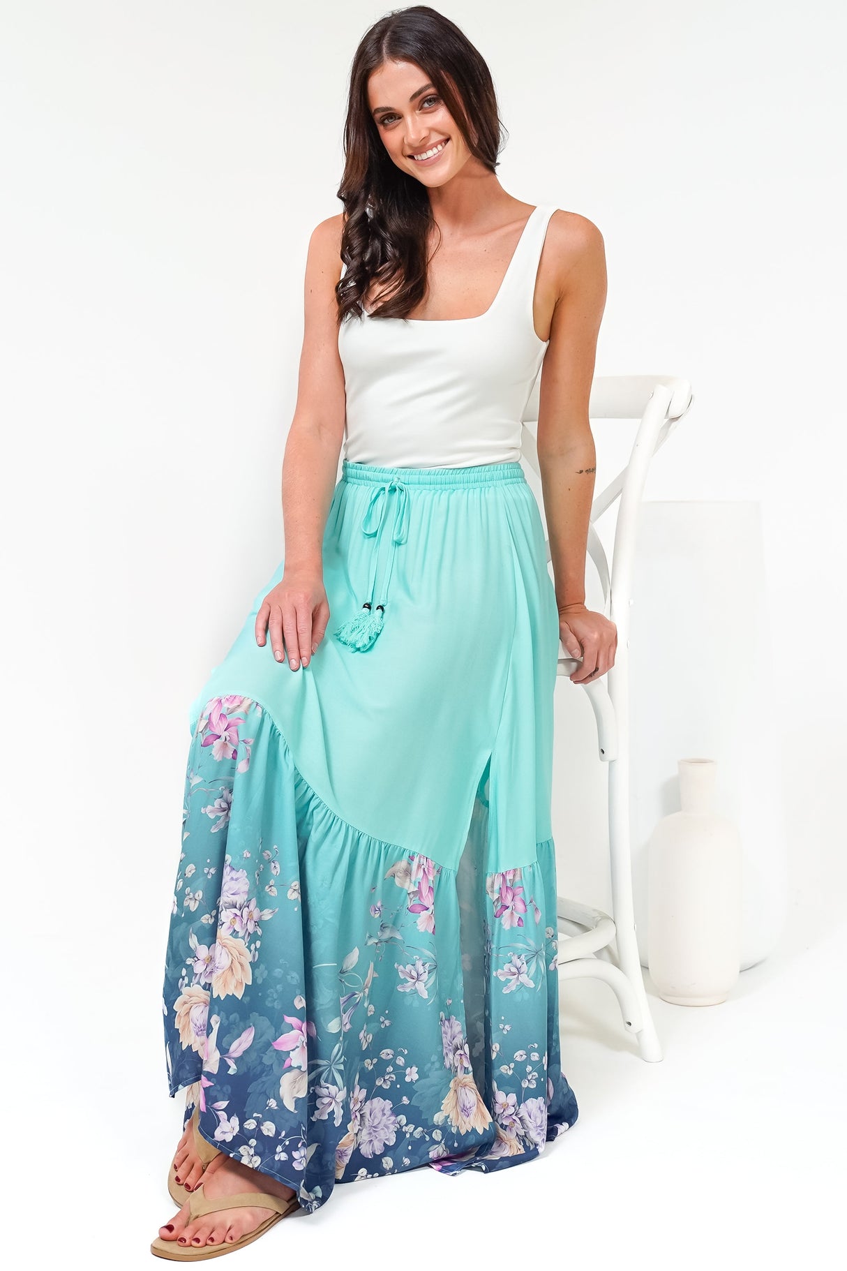 Hellen Maxi Skirt - High Waisted Skirt with Front Splits in Candyce Print Blue