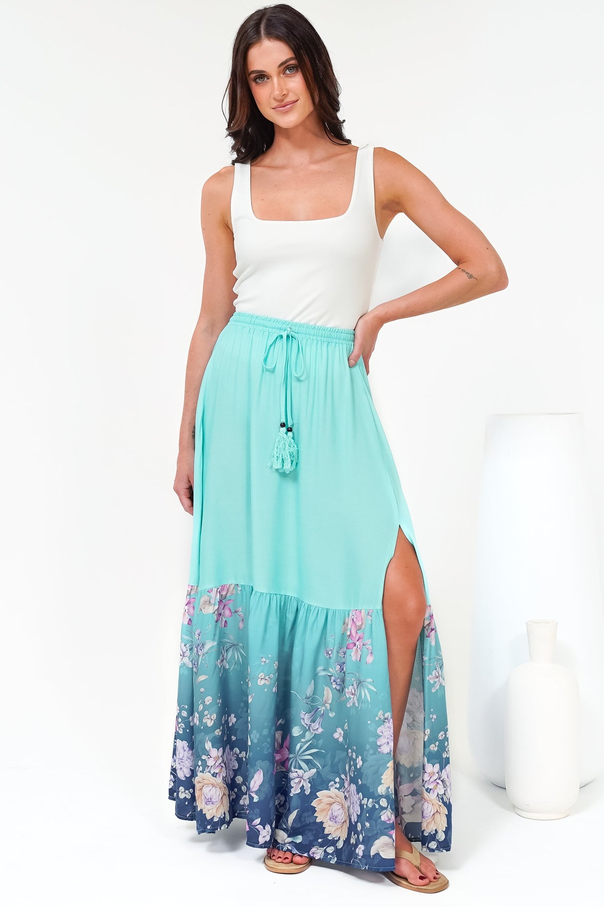 Hellen Maxi Skirt - High Waisted Skirt with Front Splits in Candyce Print Blue