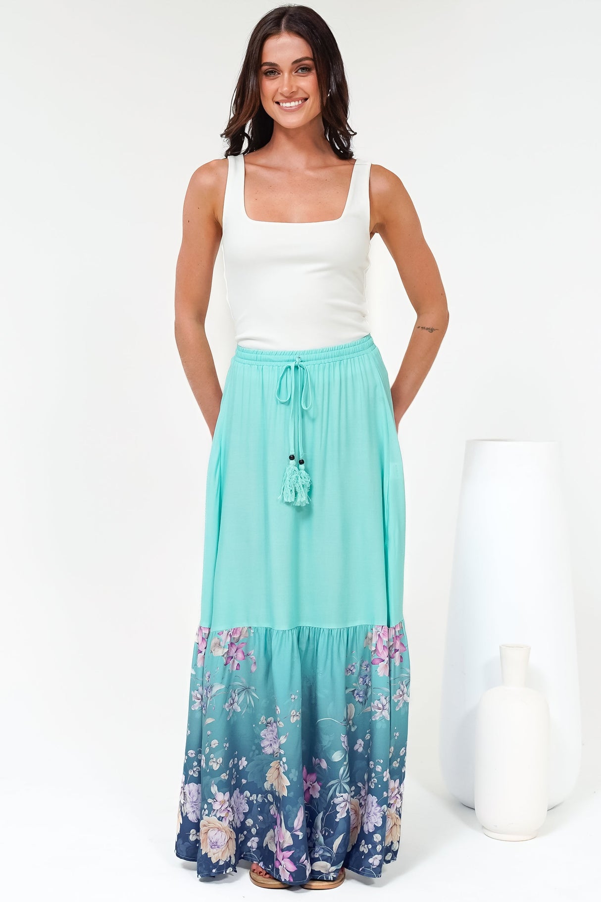 Hellen Maxi Skirt - High Waisted Skirt with Front Splits in Candyce Print Blue