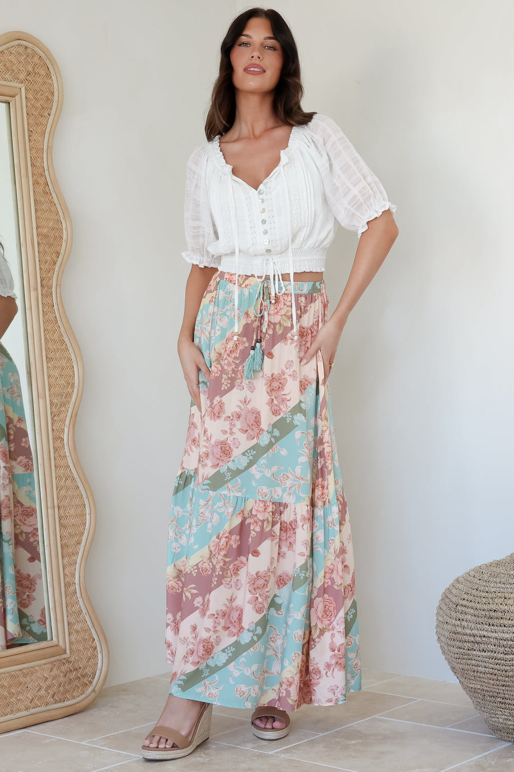 Hellen Maxi Skirt - High Waisted Skirt with Front Splits in Clavelle Print