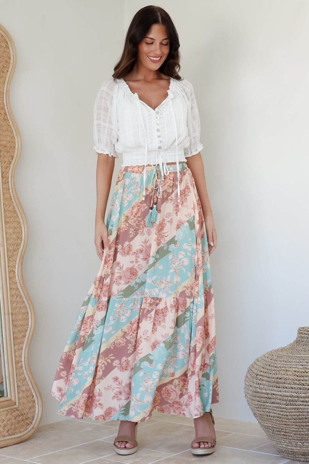 Hellen Maxi Skirt - High Waisted Skirt with Front Splits in Clavelle Print