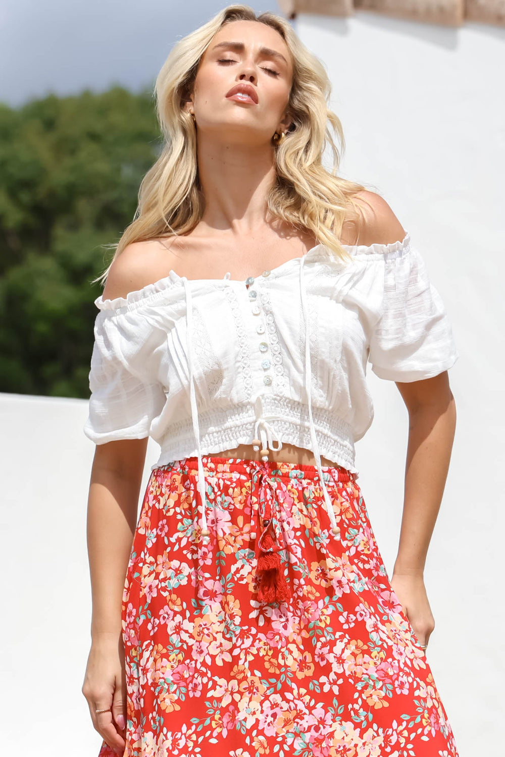 Nadiya Crop - Adjustable Neck and Hemline Crop with Pleating Details in White