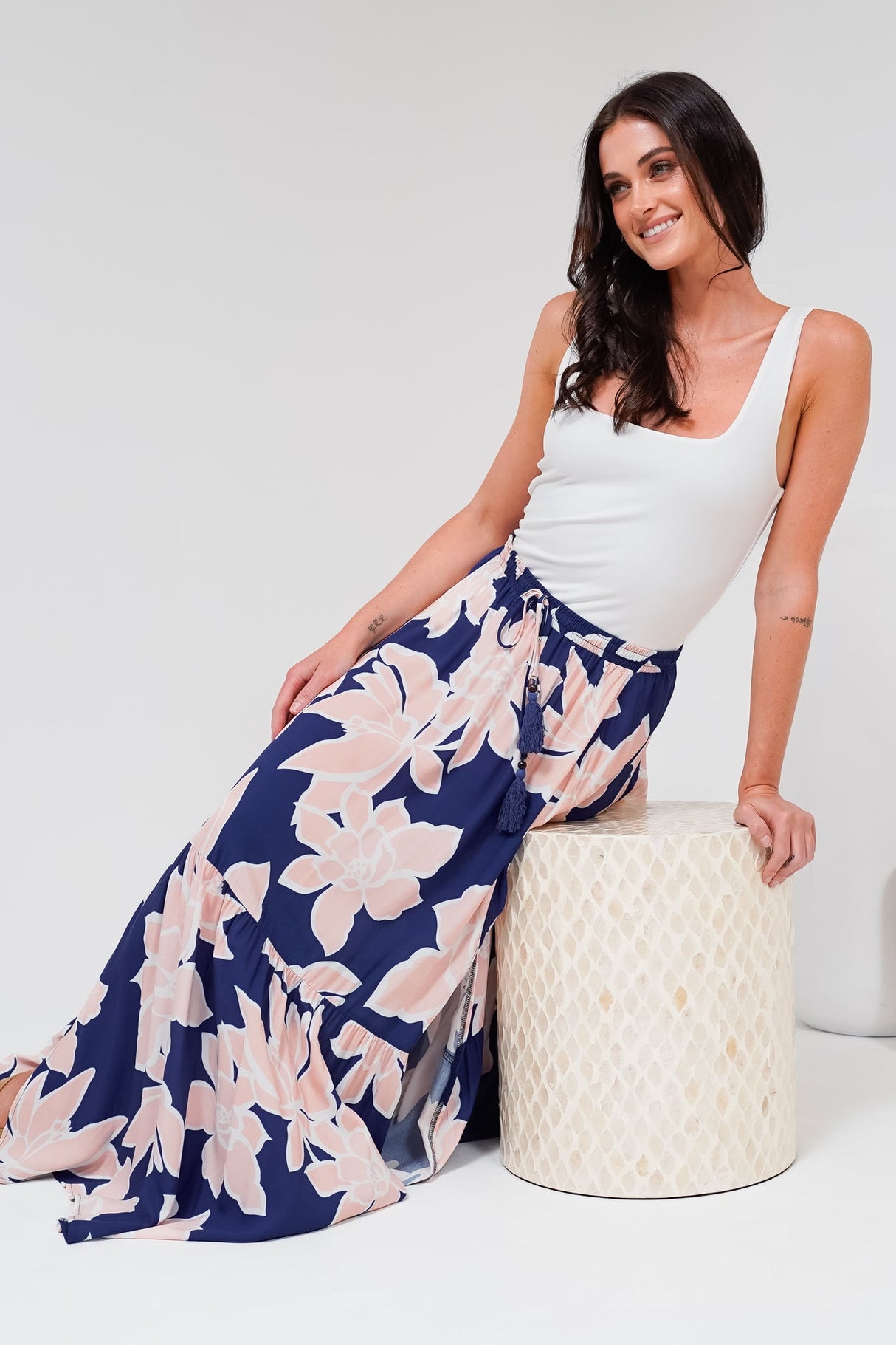 Hellen Maxi Skirt - High Waisted Skirt with Front Splits in Jetson Print Navy