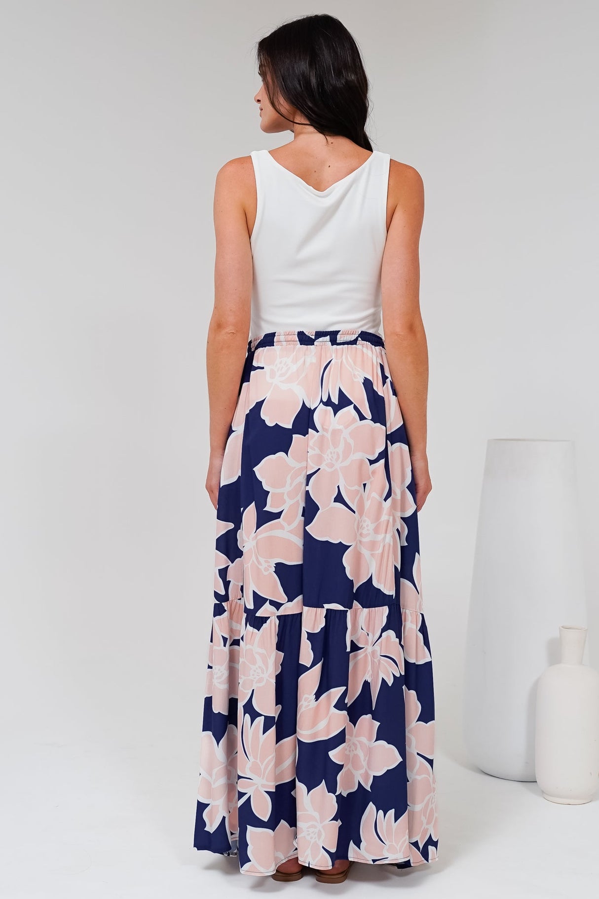 Hellen Maxi Skirt - High Waisted Skirt with Front Splits in Jetson Print Navy
