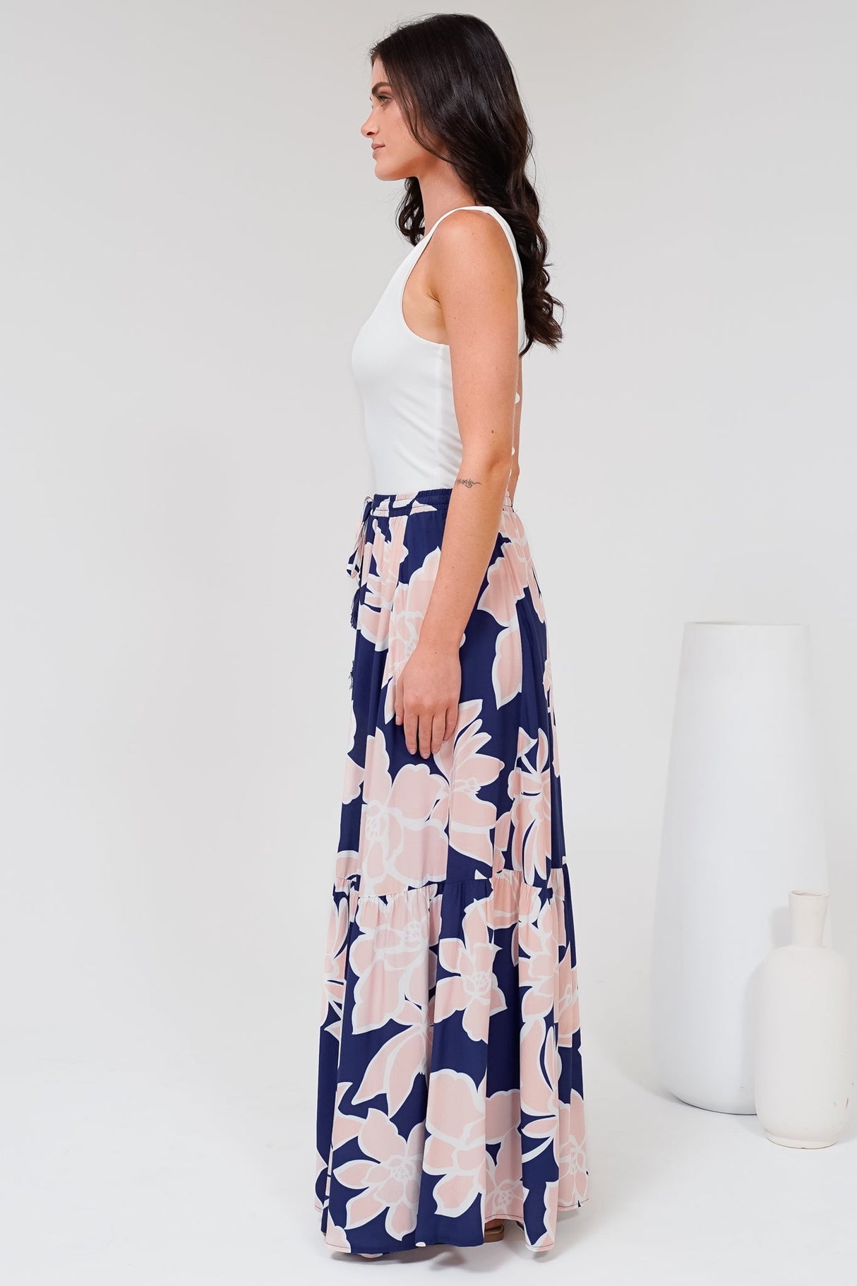 Hellen Maxi Skirt - High Waisted Skirt with Front Splits in Jetson Print Navy