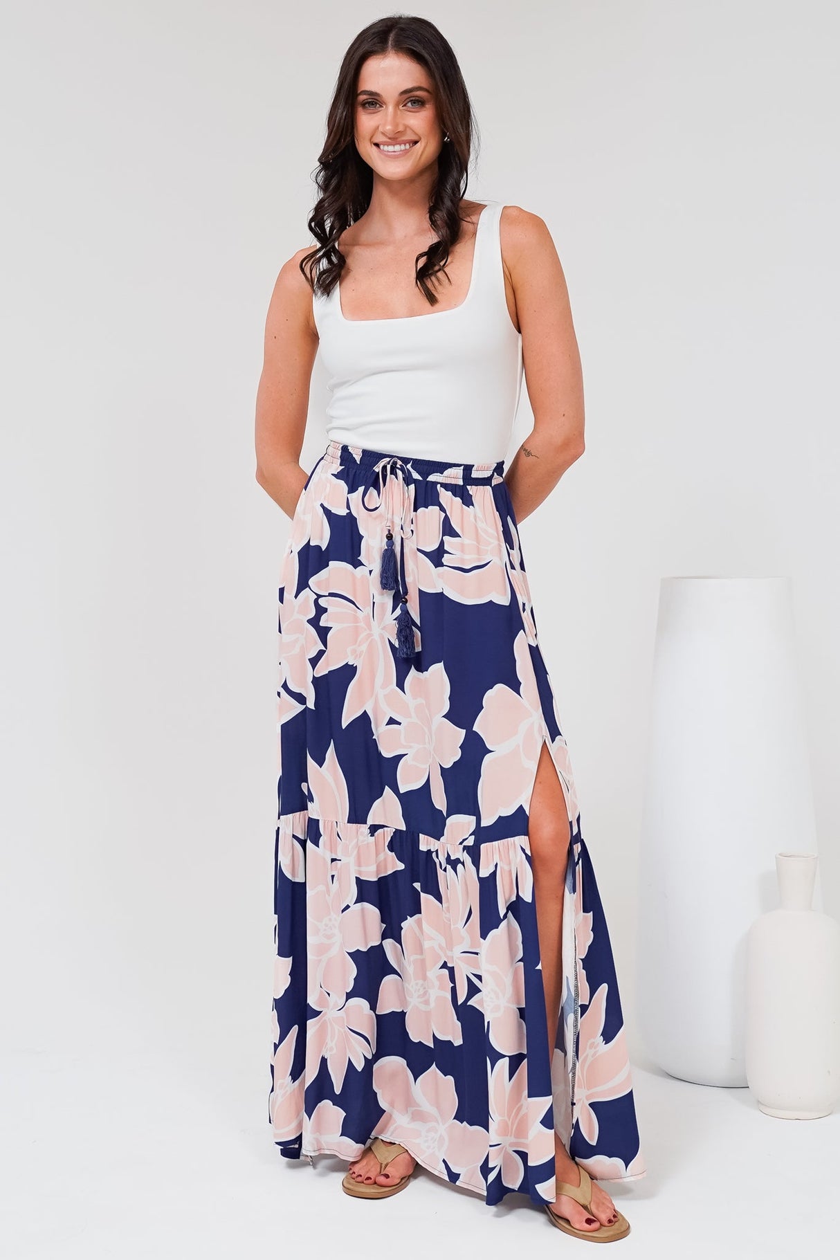 Hellen Maxi Skirt - High Waisted Skirt with Front Splits in Jetson Print Navy