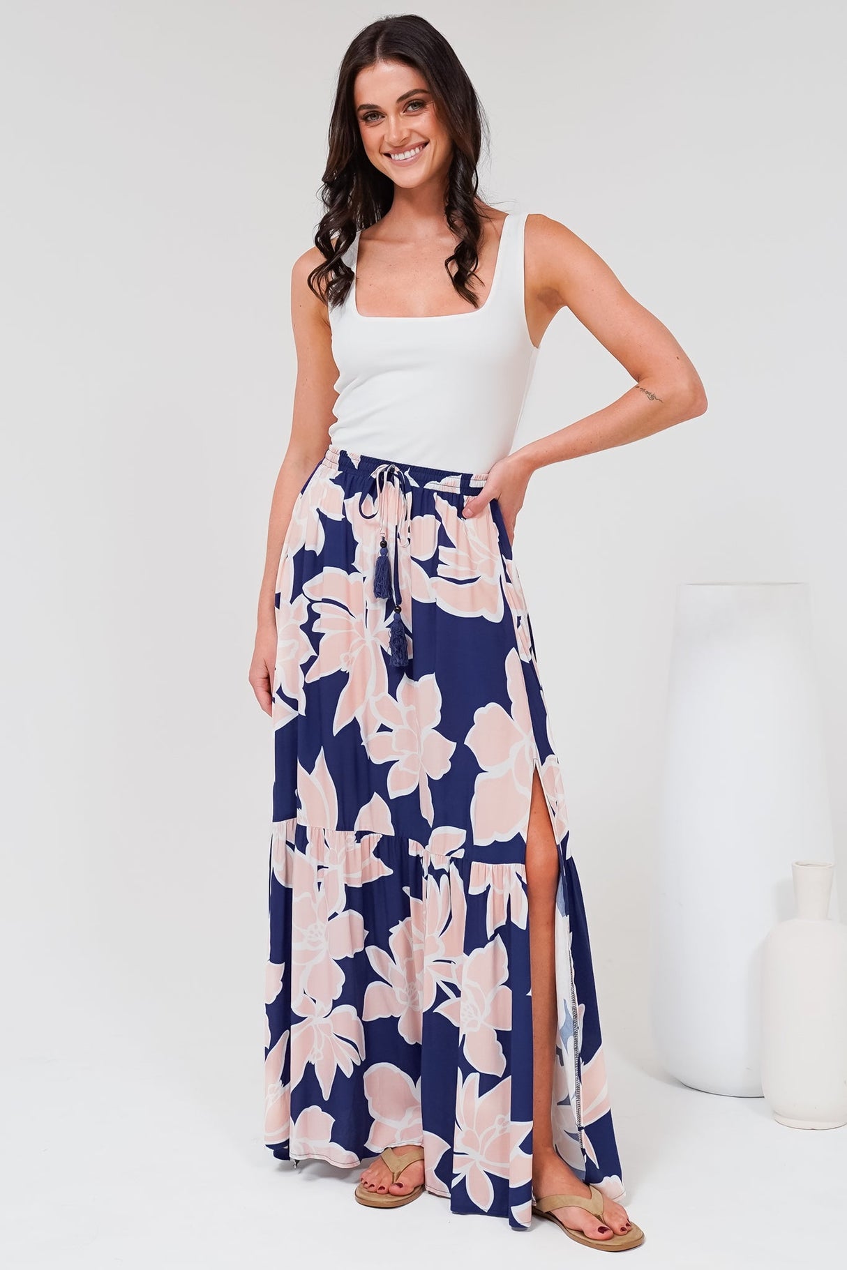 Hellen Maxi Skirt - High Waisted Skirt with Front Splits in Jetson Print Navy