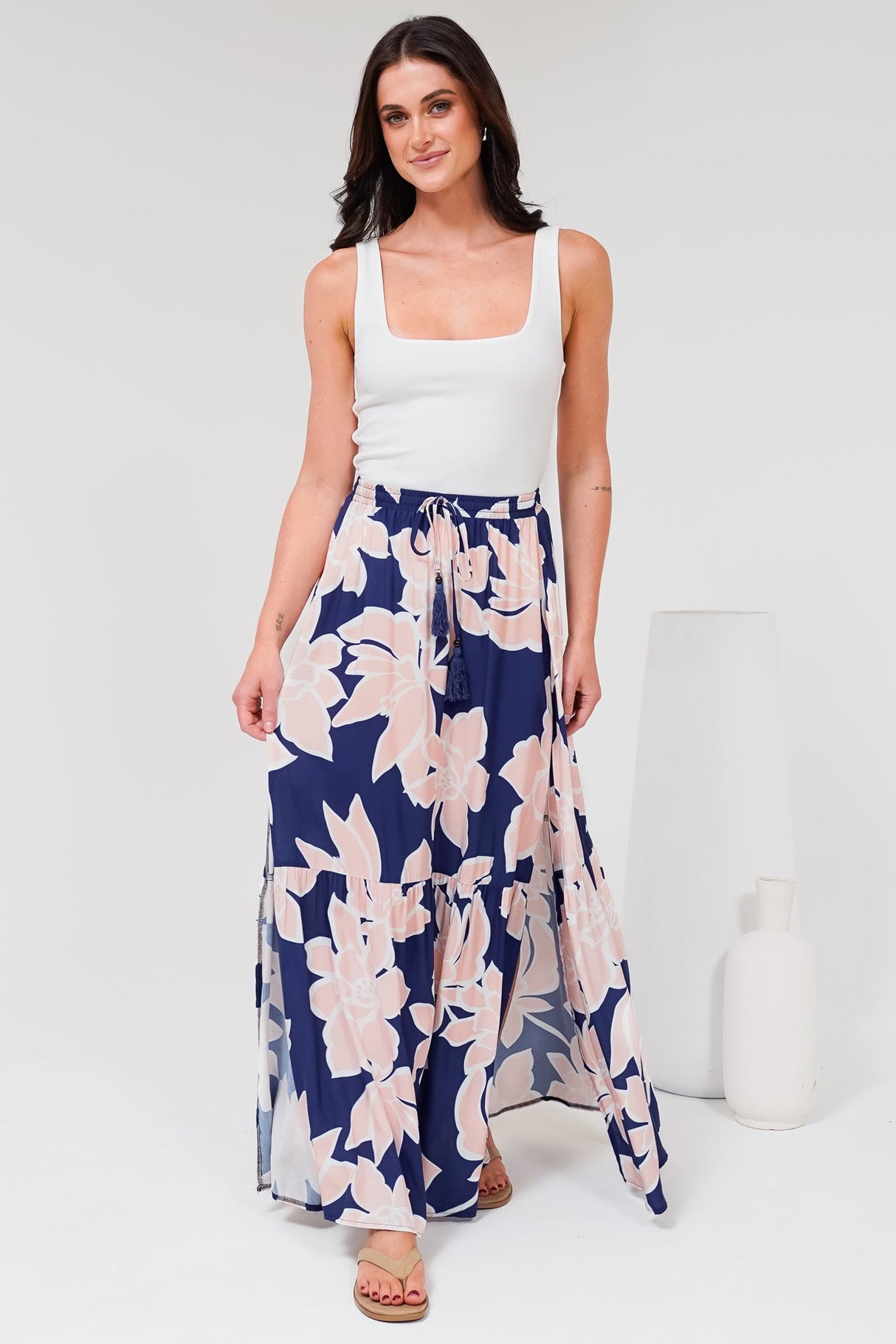 Hellen Maxi Skirt - High Waisted Skirt with Front Splits in Jetson Print Navy