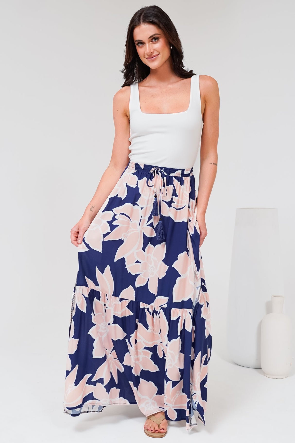 Hellen Maxi Skirt - High Waisted Skirt with Front Splits in Jetson Print Navy