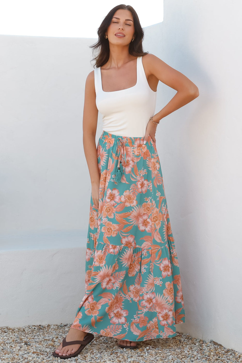 Hellen Maxi Skirt - High Waisted Skirt with Front Splits in Kawani Print Green