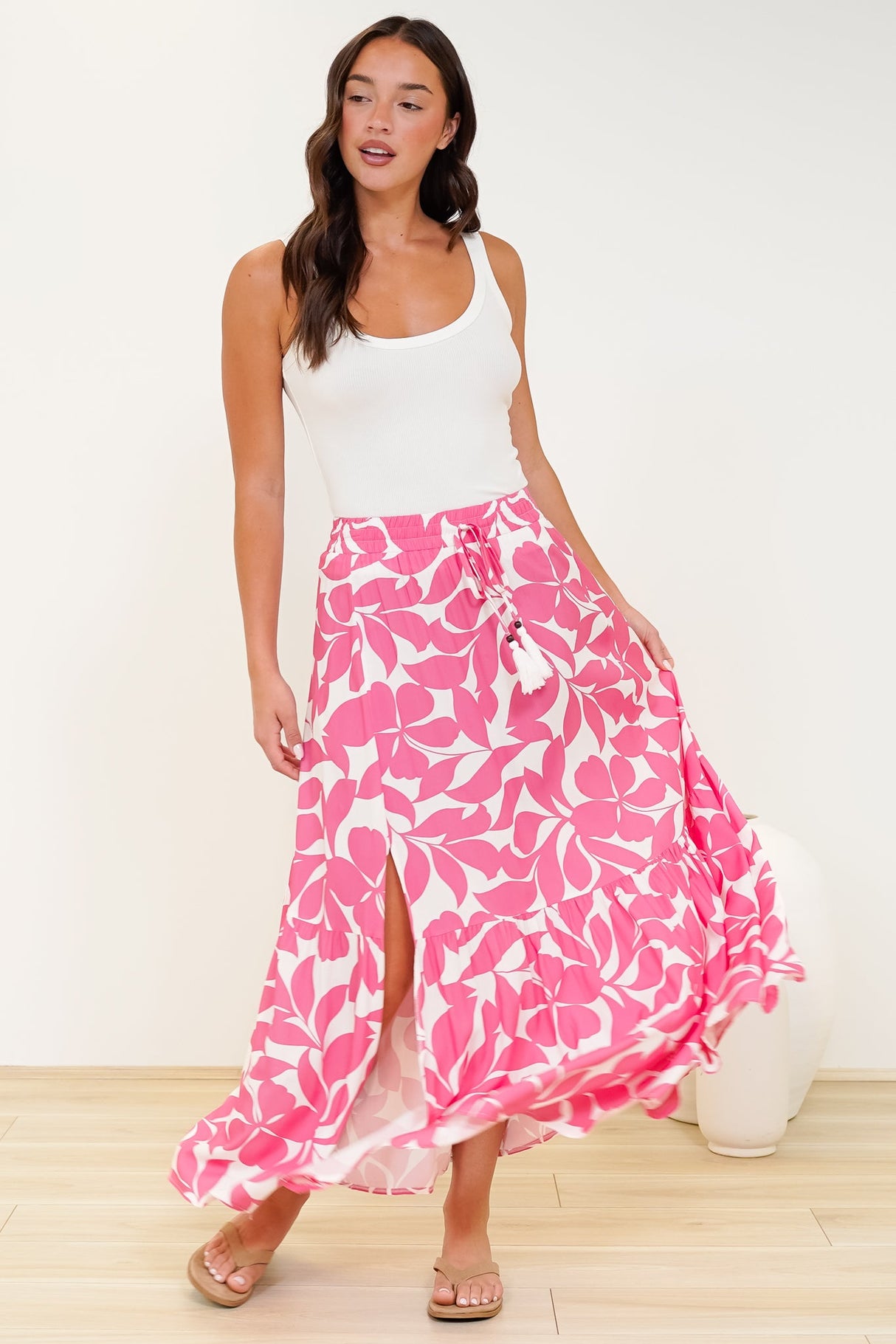 Hellen Maxi Skirt - High Waisted Skirt with Front Splits in Keira Print Pink