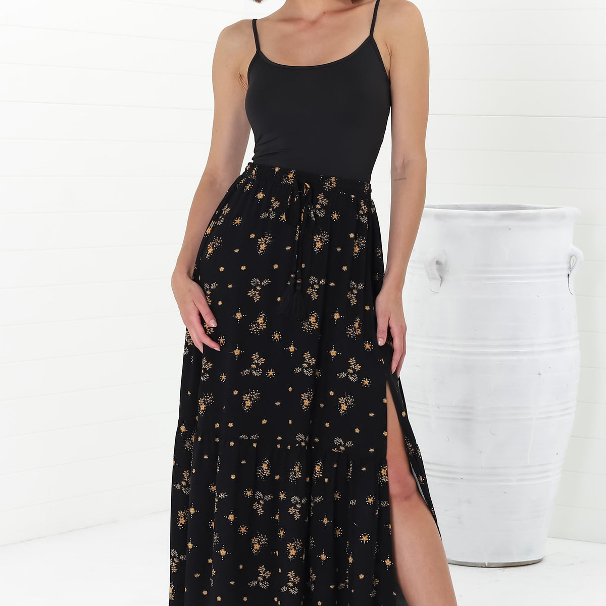 Shop the Hellen Maxi Skirt in our black Melany Print | Salty Crush