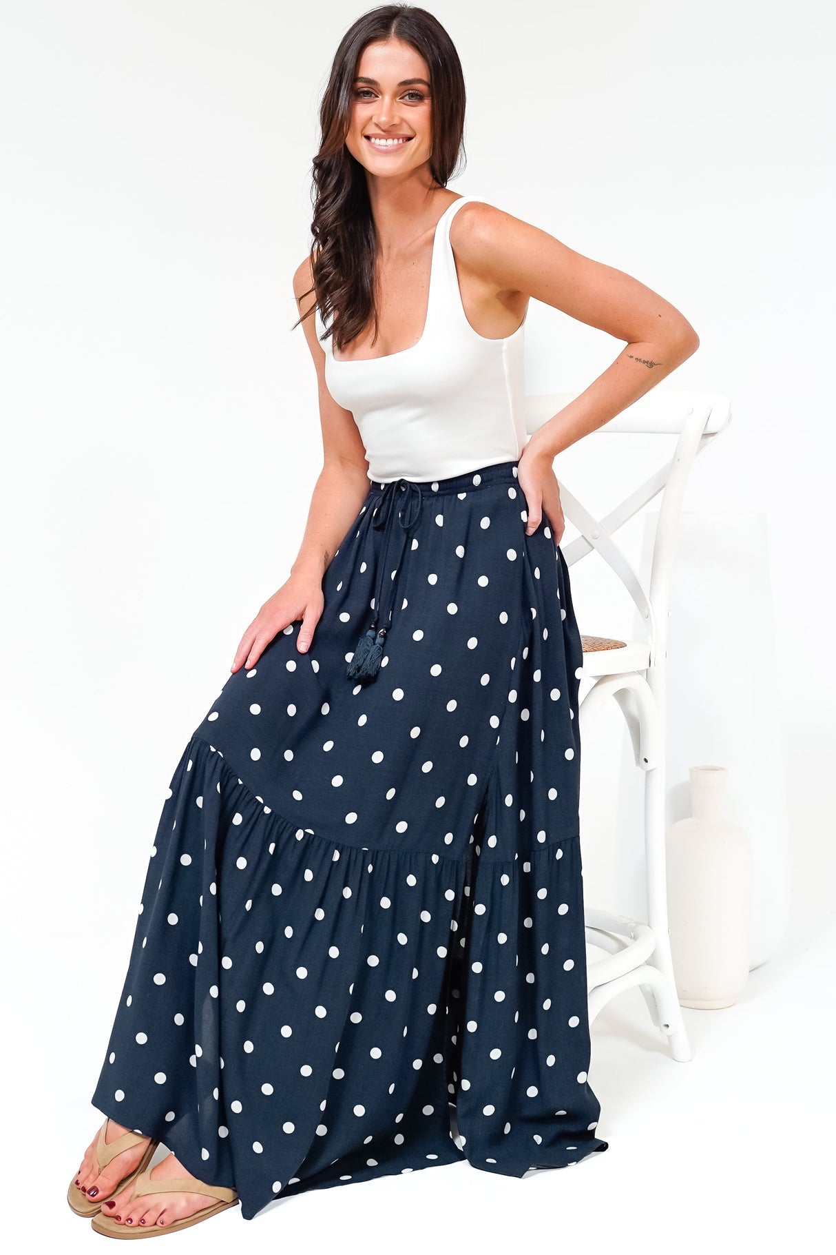Hellen Maxi Skirt - High Waisted Skirt with Front Splits in Parisian Polka Print Navy