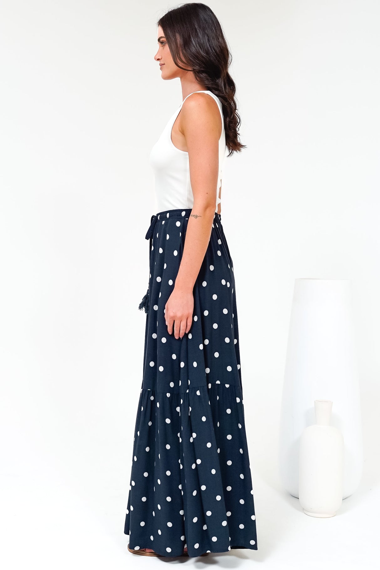 Hellen Maxi Skirt - High Waisted Skirt with Front Splits in Parisian Polka Print Navy