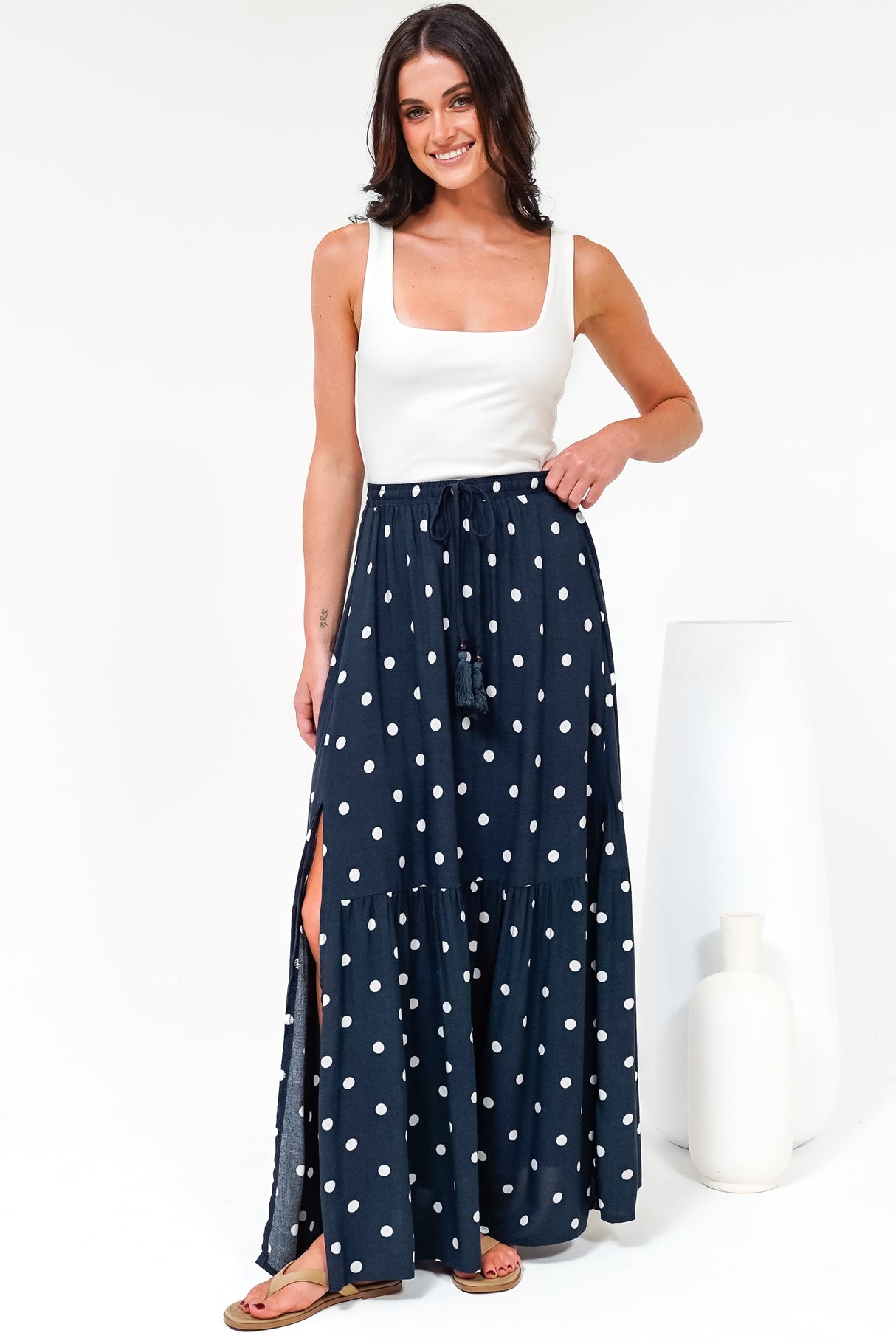 Hellen Maxi Skirt - High Waisted Skirt with Front Splits in Parisian Polka Print Navy